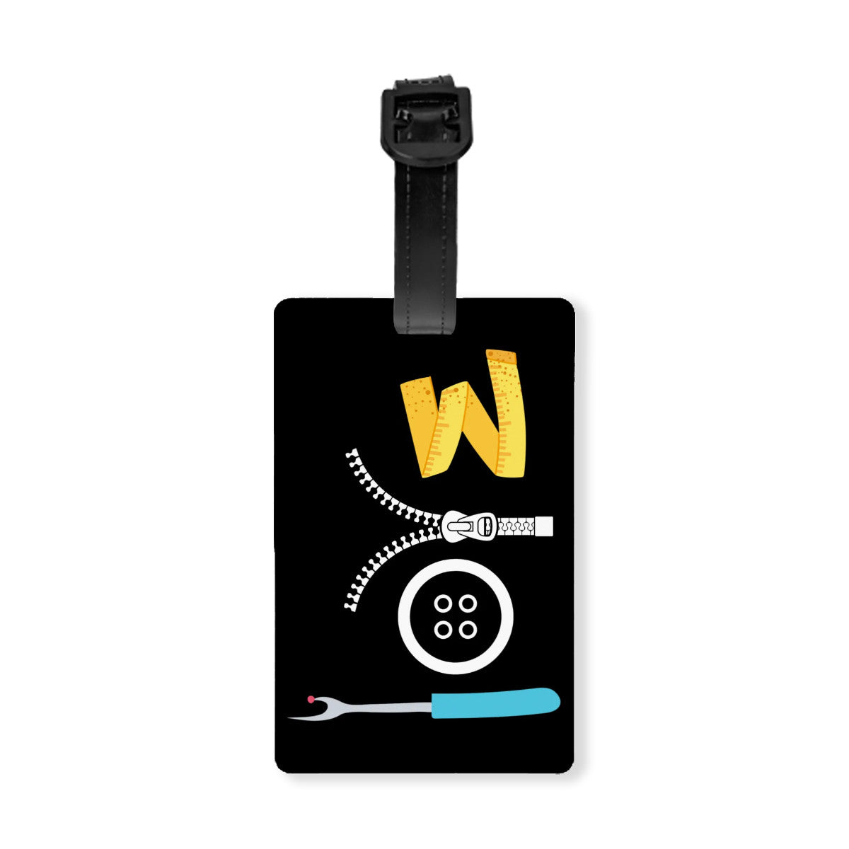 Black Luggage Tag with "Love Sewing" design, the ideal gift for people who love to sew, cat lovers, and travelers.