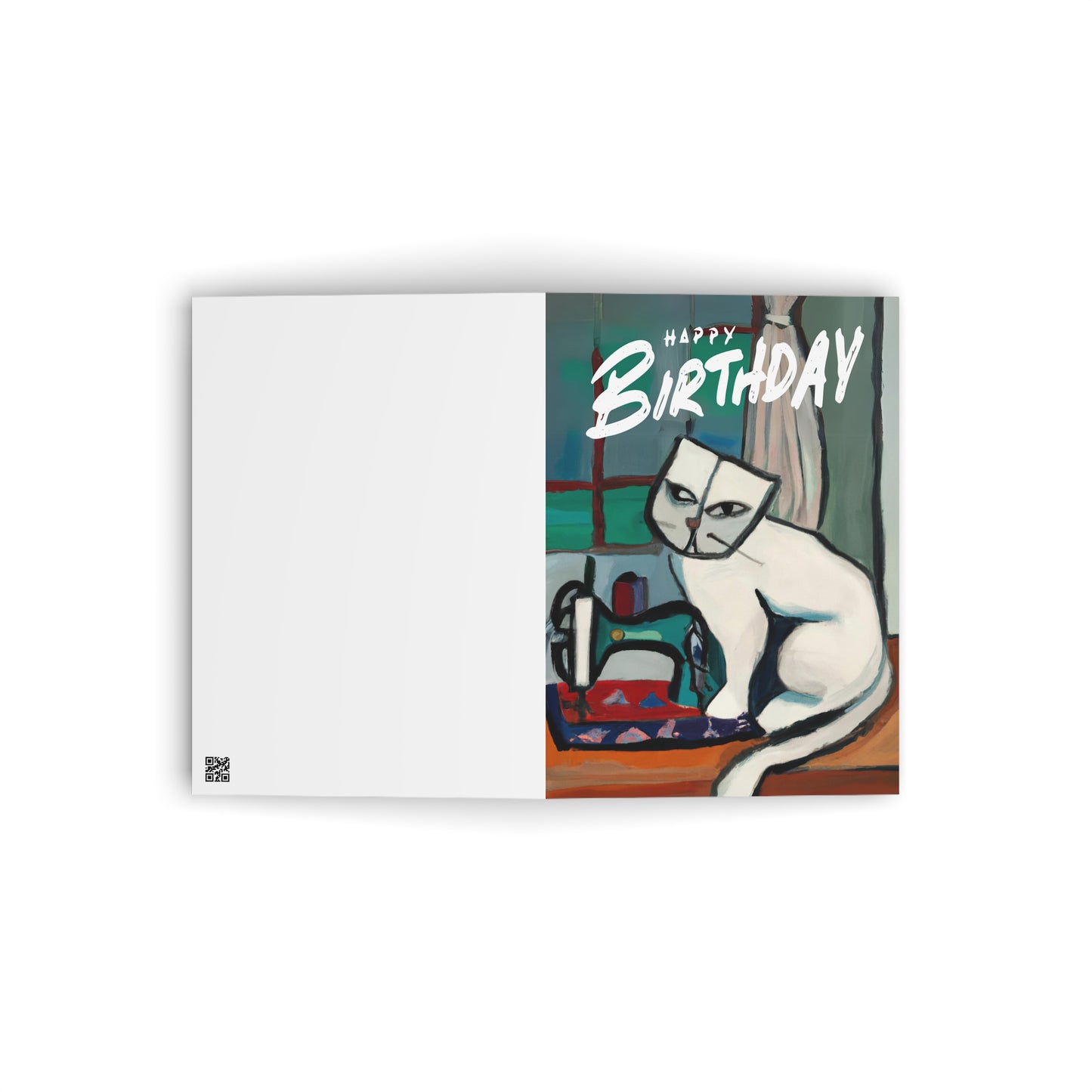 Birthday Card White Sewing Cat