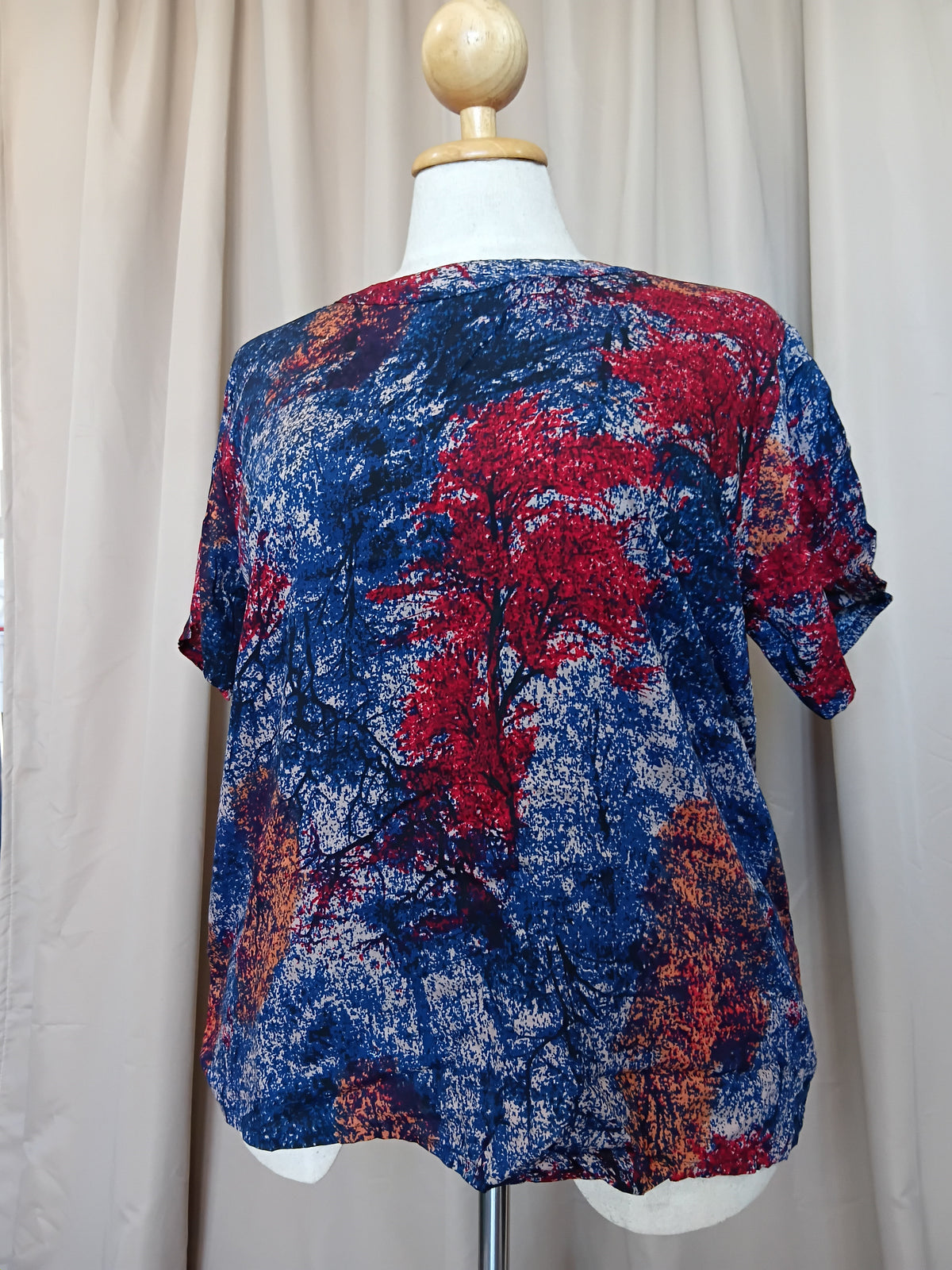 Women's Short Sleeve Top 100% Viscose Blue Red Trees