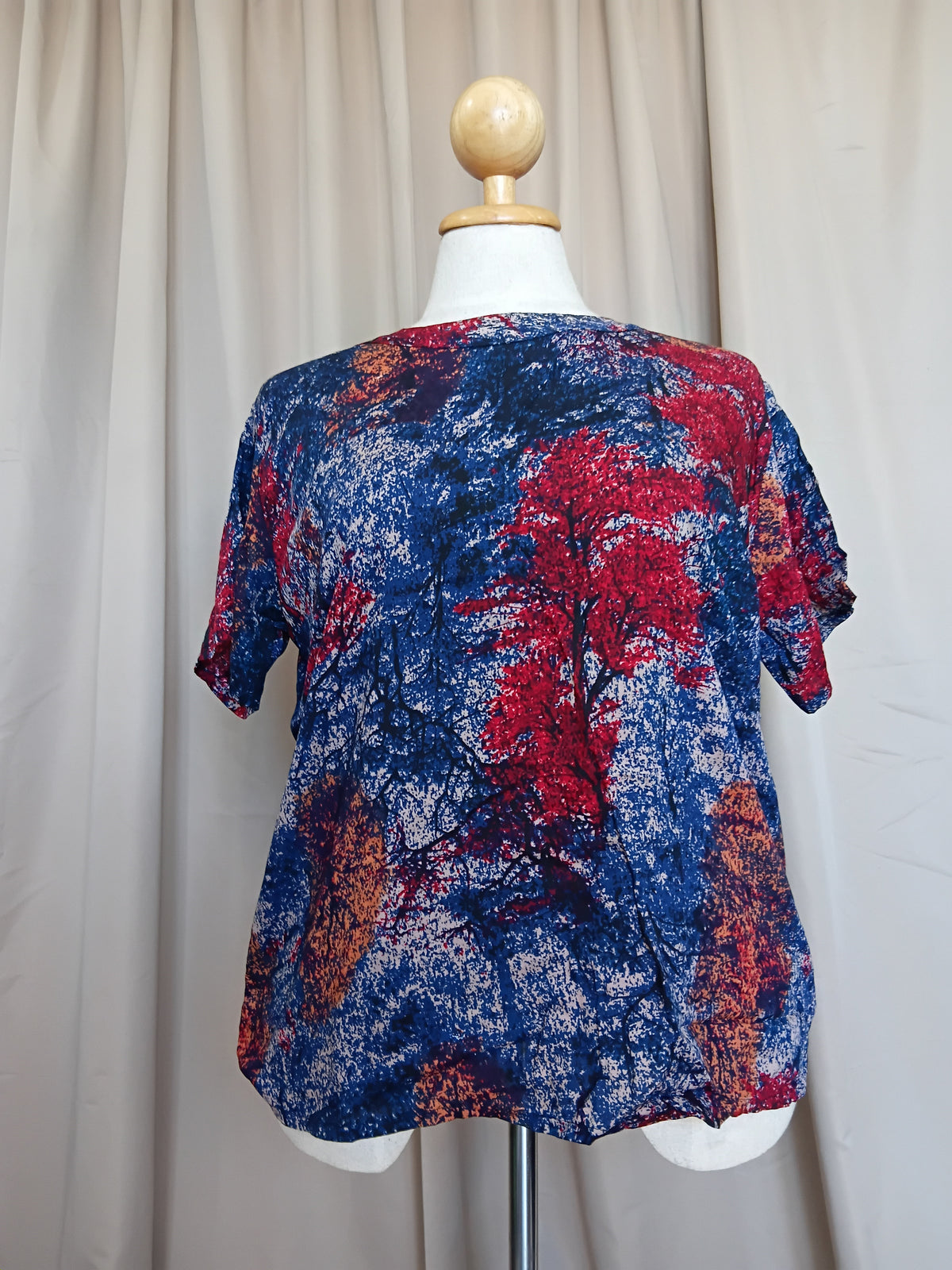 Women's Short Sleeve Top 100% Viscose Blue Red Trees