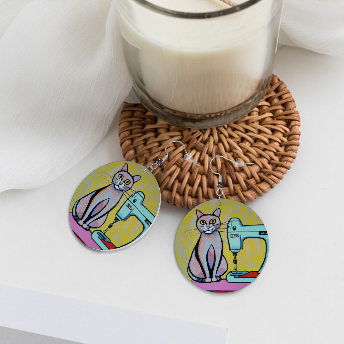 Circle Drop Earrings with "Sewing Cats" design – The Perfect Gift for People who Love to Sew