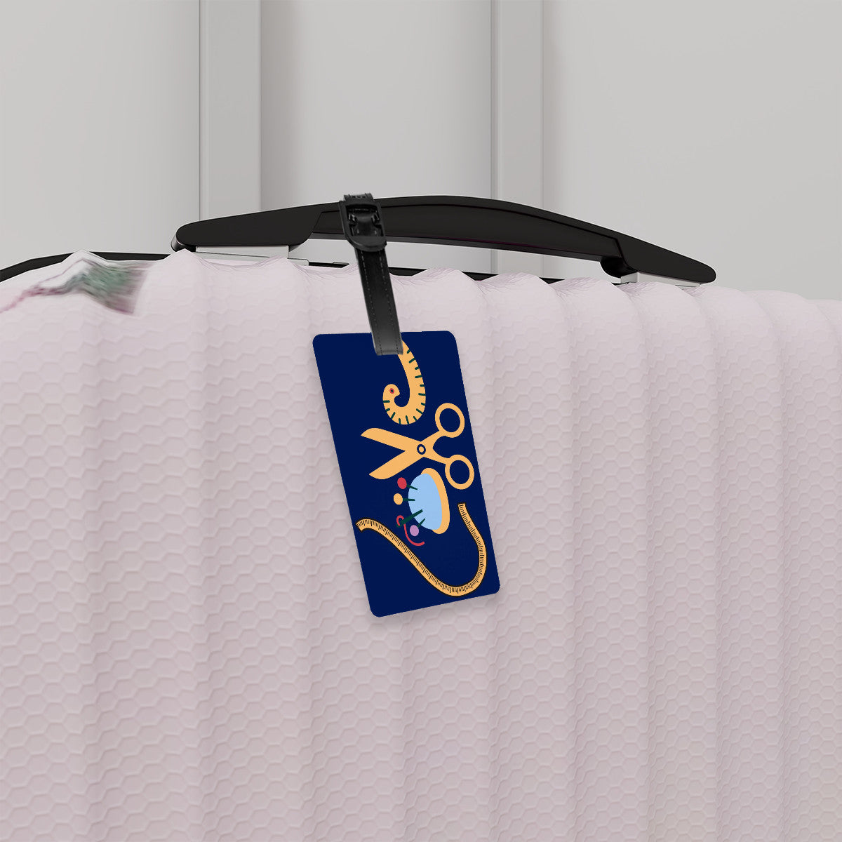 Navy Luggage Tag with "Love Sewing" design, the ideal gift for people who love to sew, cat lovers, and travelers.