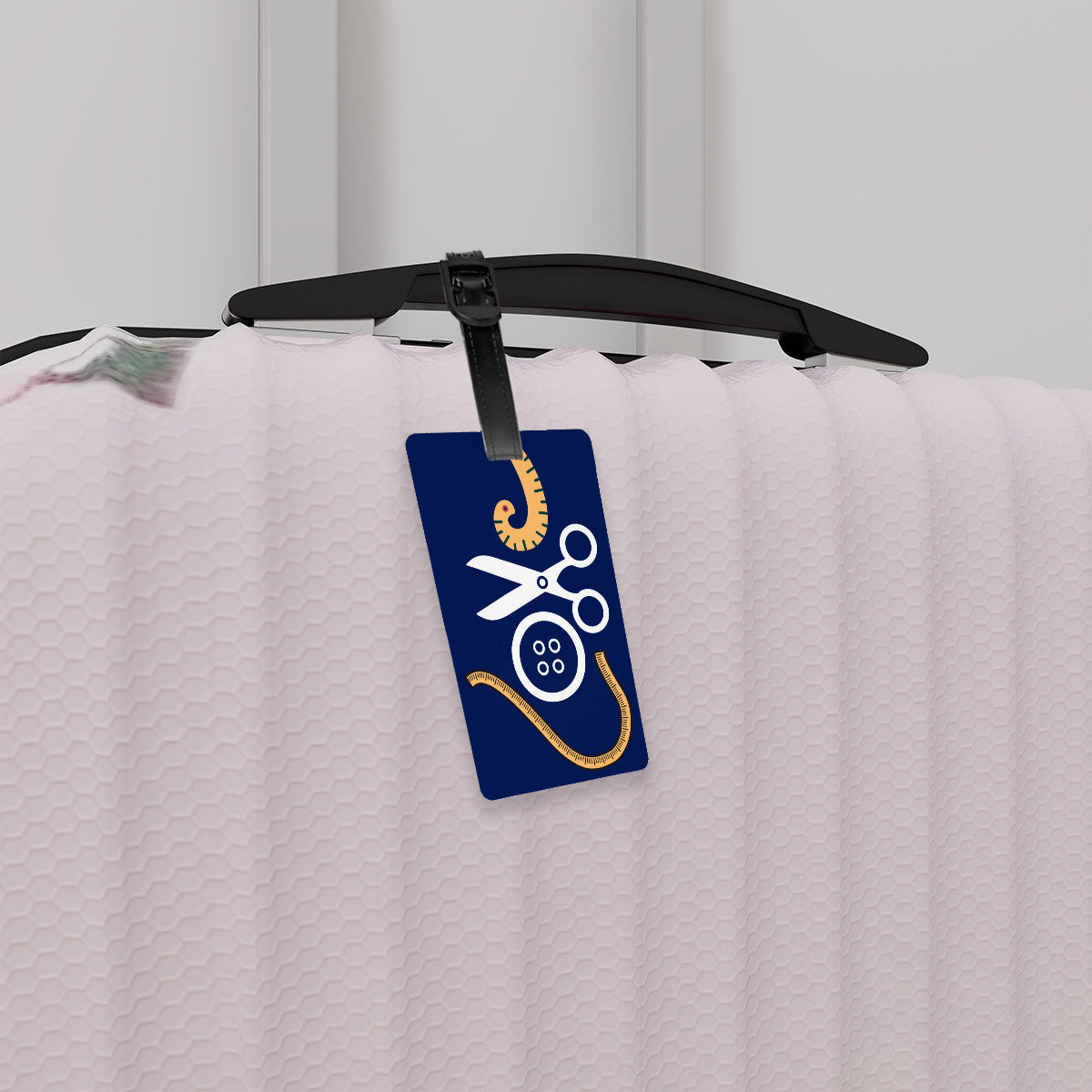 Navy Luggage Tag with "Love Sewing" design, the ideal gift for people who love to sew, cat lovers, and travelers.