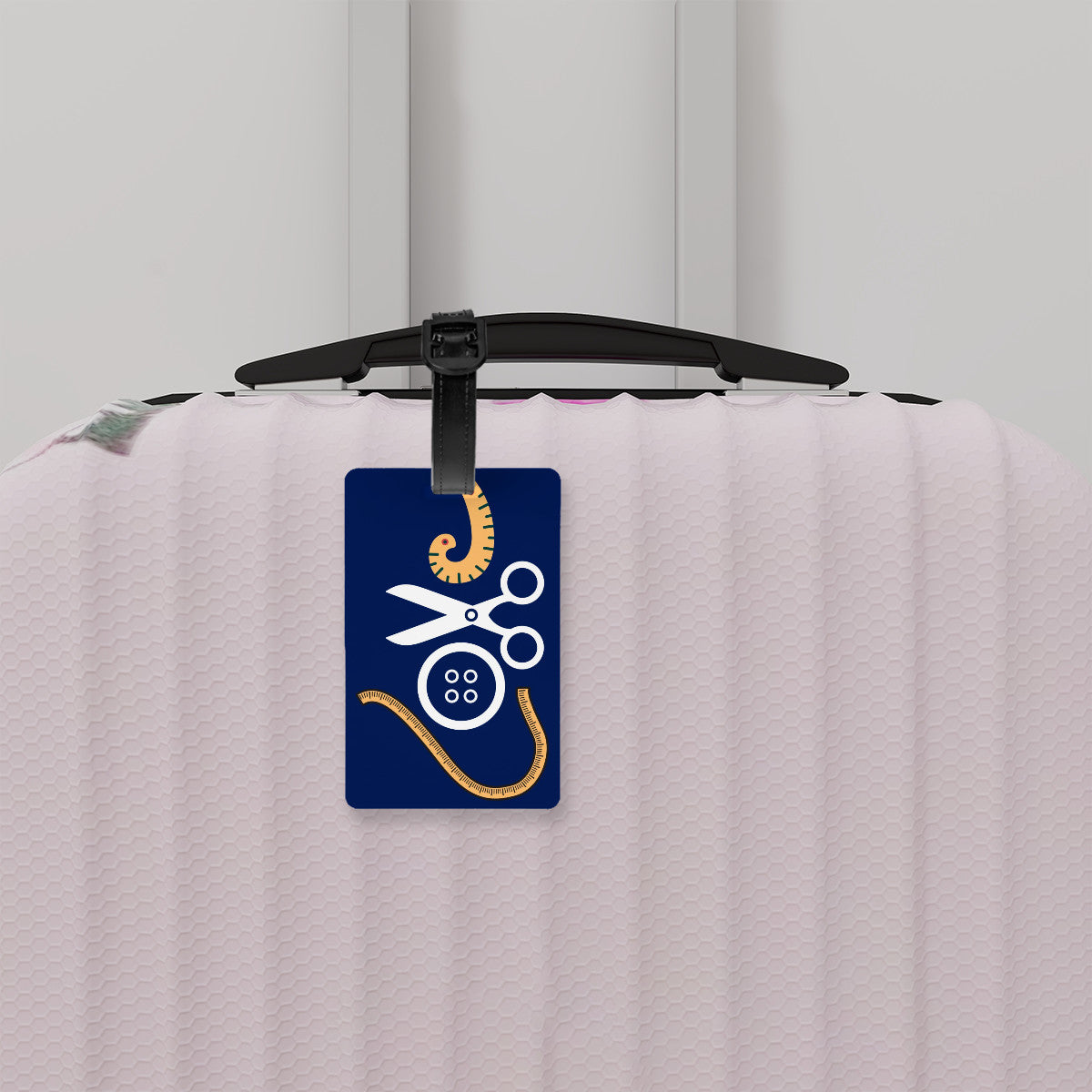 Navy Luggage Tag with "Love Sewing" design, the ideal gift for people who love to sew, cat lovers, and travelers.