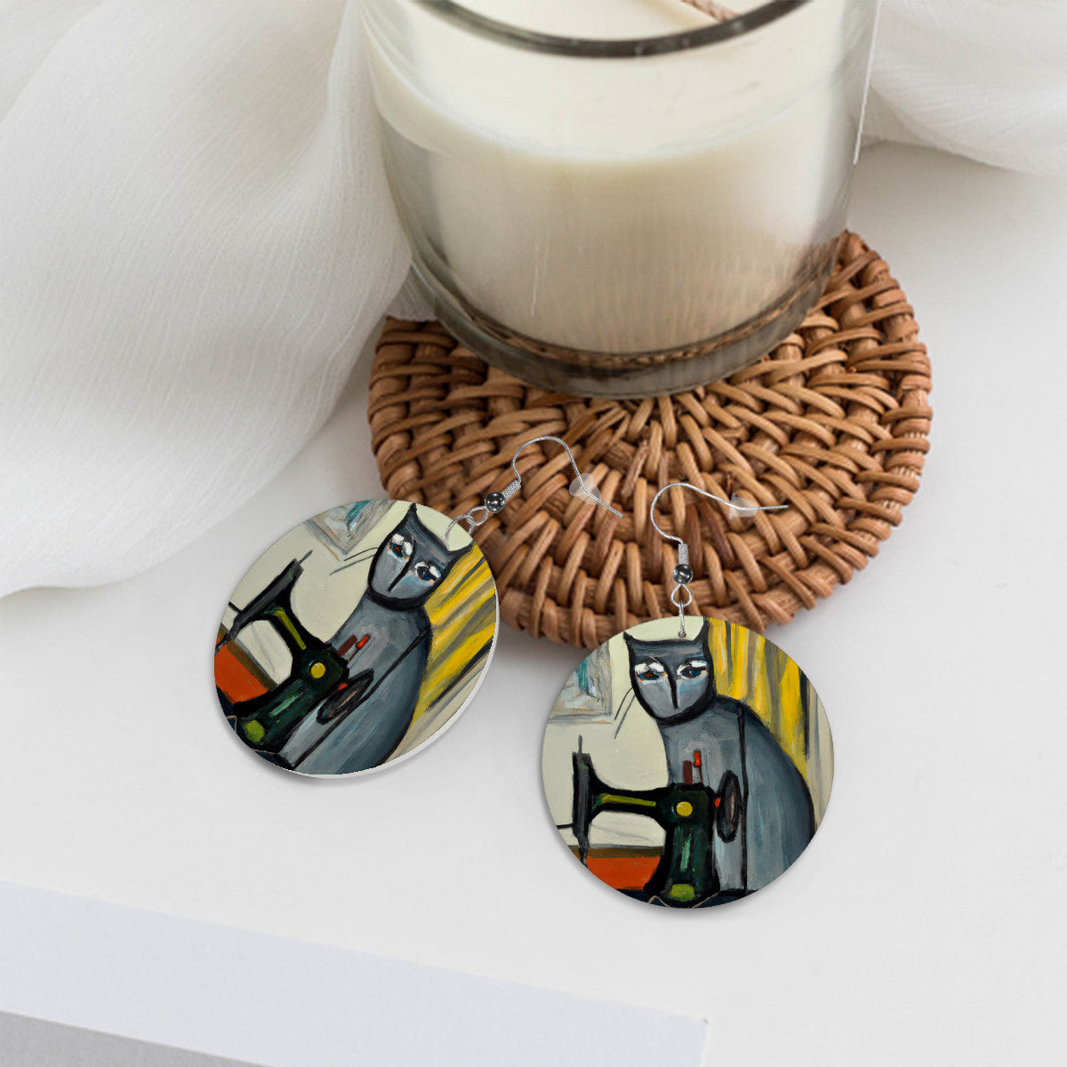 Circle Drop Earrings with "Sewing Cats" design – The Perfect Gift for People who Love to Sew