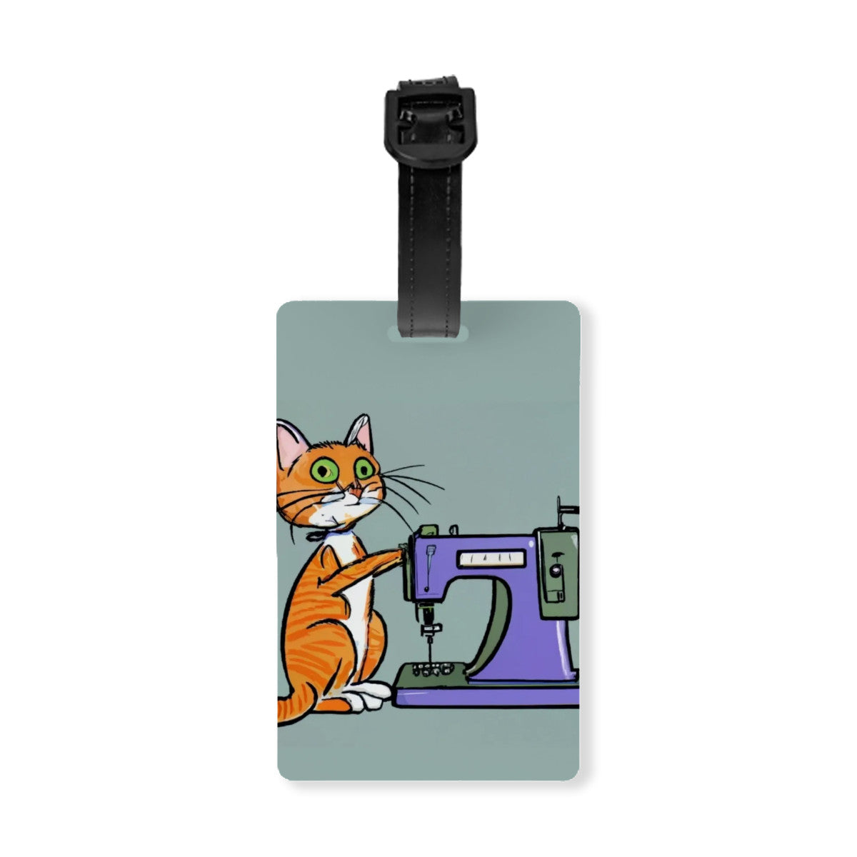 Luggage Tag with "Sewing Cat" design, the ideal gift for people who love to sew, cat lovers, and travelers.