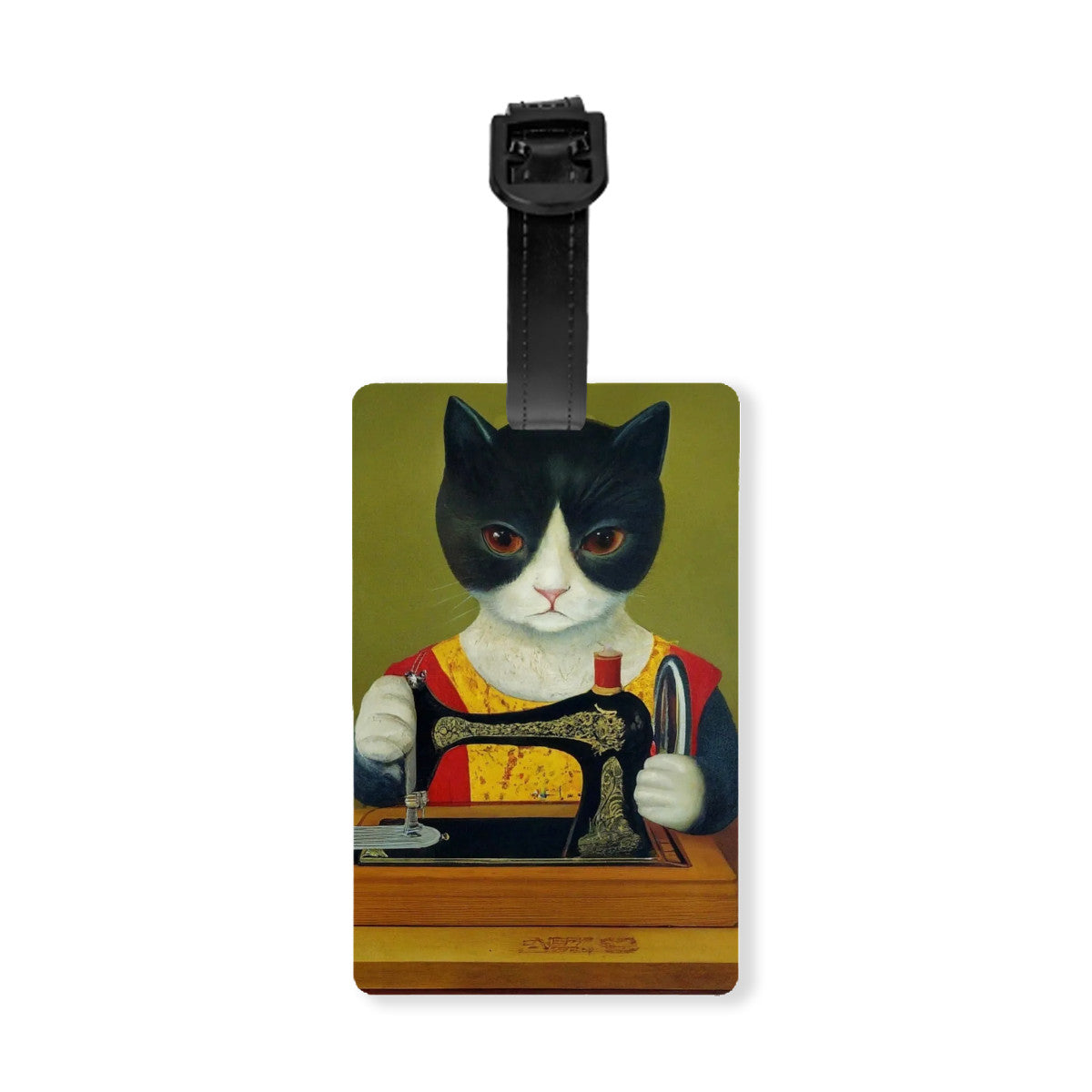 Luggage Tag with "Sewing Cat" design, the ideal gift for people who love to sew, cat lovers, and travelers.