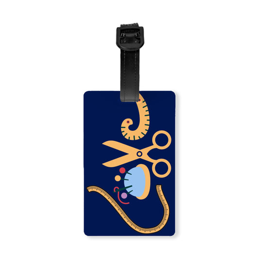 Navy Luggage Tag with "Love Sewing" design, the ideal gift for people who love to sew, cat lovers, and travelers.