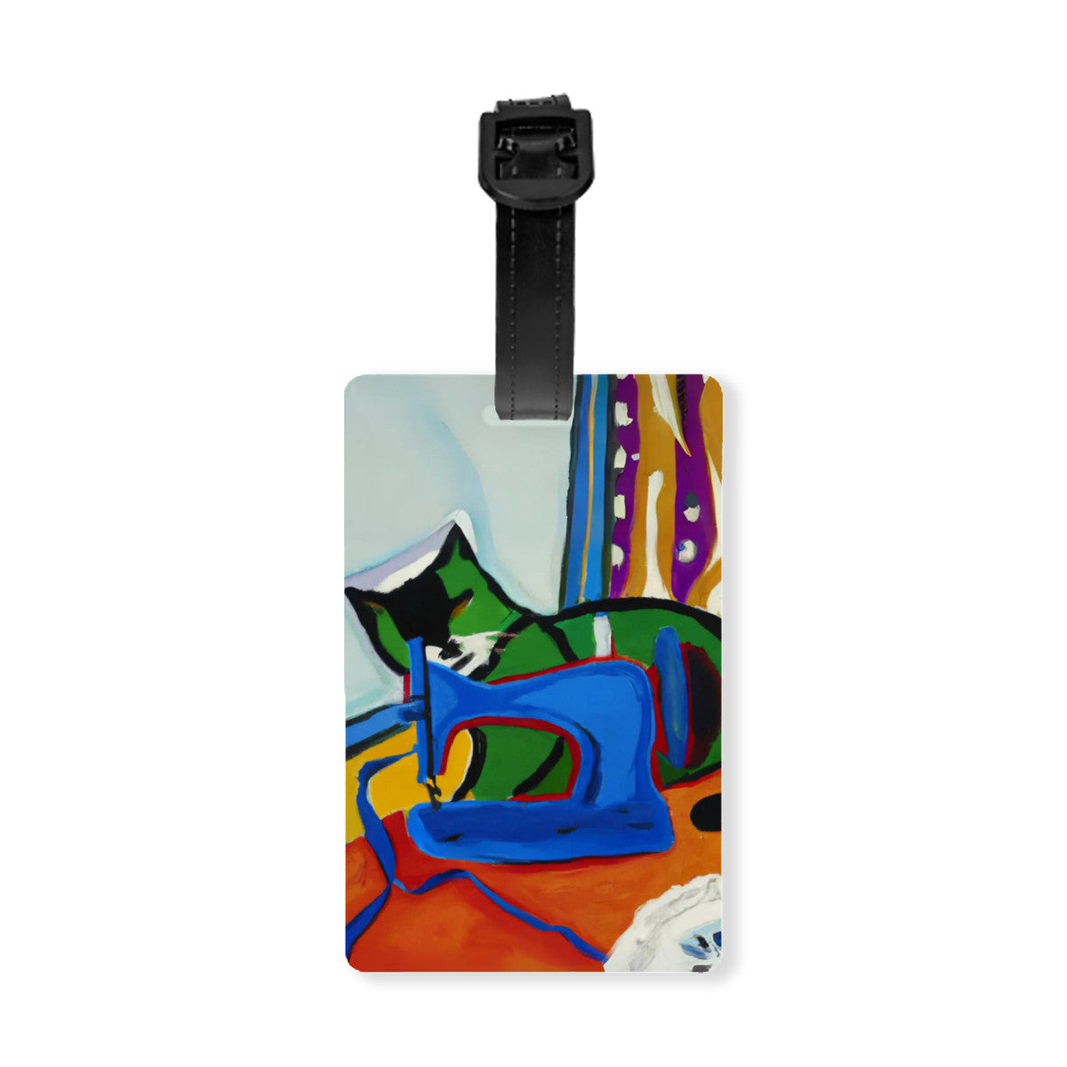 Luggage Tag with "Sewing Cat" design, the ideal gift for people who love to sew, cat lovers, and travelers.