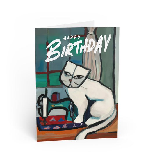 Birthday Card White Sewing Cat