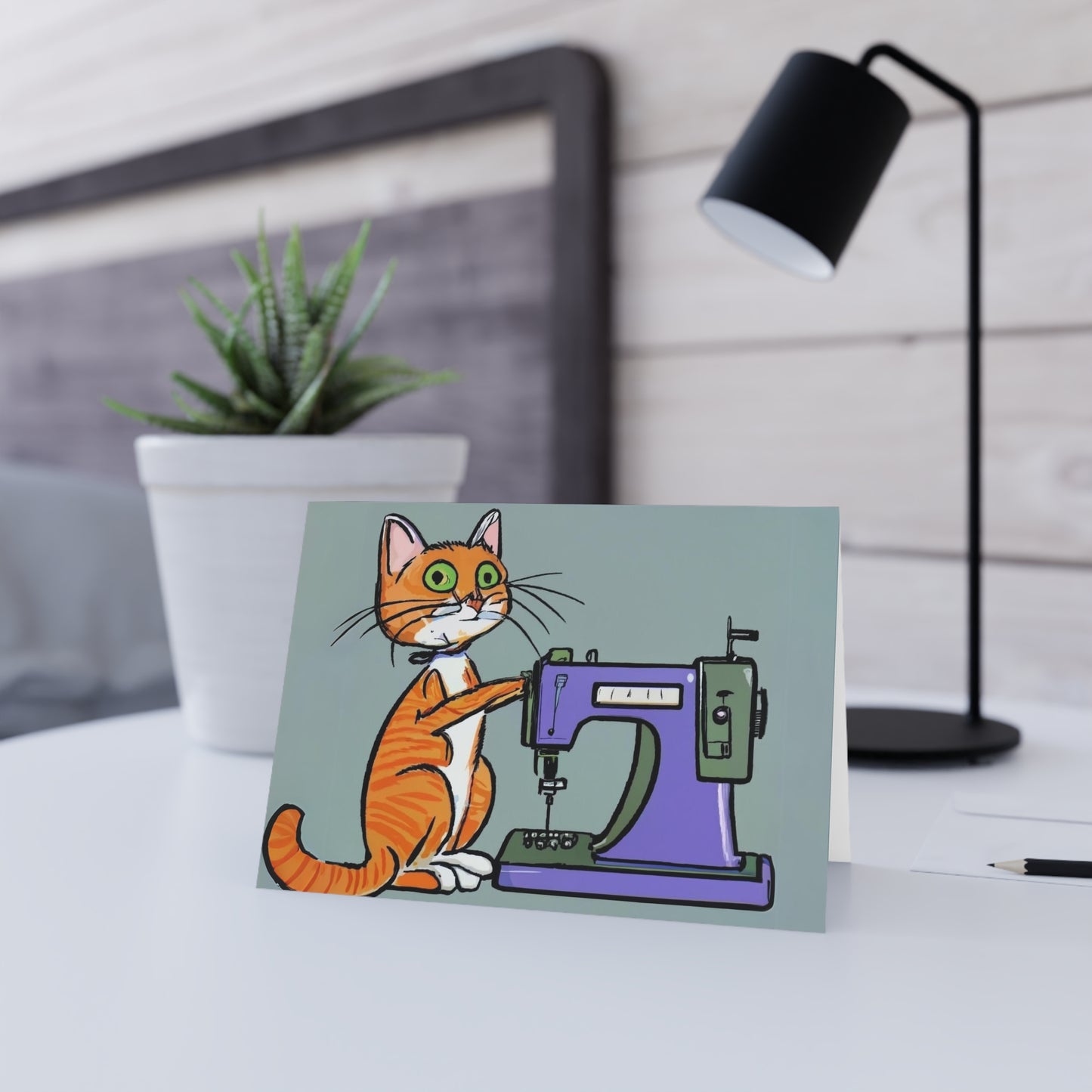 Orange Sewing Cat Blank Card