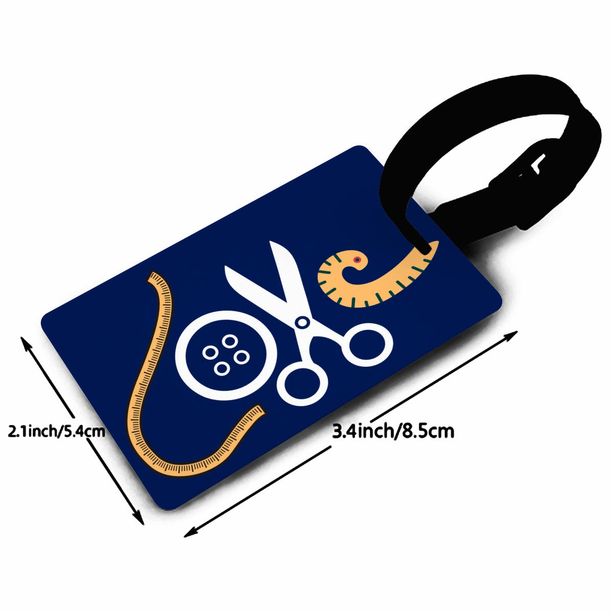 Navy Luggage Tag with "Love Sewing" design, the ideal gift for people who love to sew, cat lovers, and travelers.