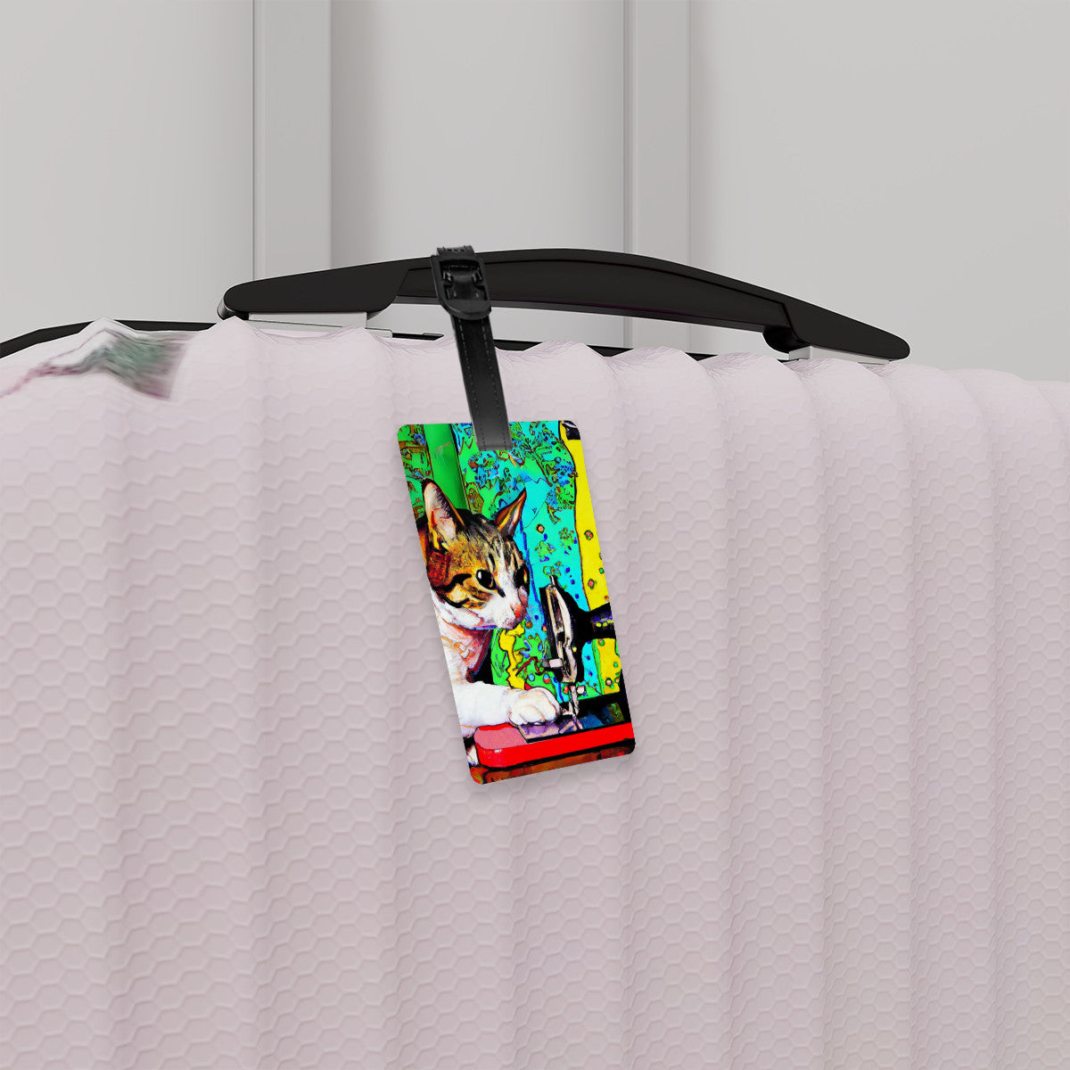 Luggage Tag with "Sewing Cat" design, the ideal gift for people who love to sew, cat lovers, and travelers.