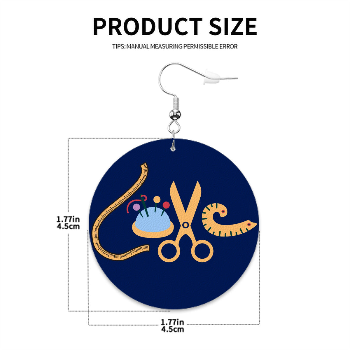 Navy Circle Drop Leather Earrings with " Love Sewing" design, the perfect gifts for people who love to sew