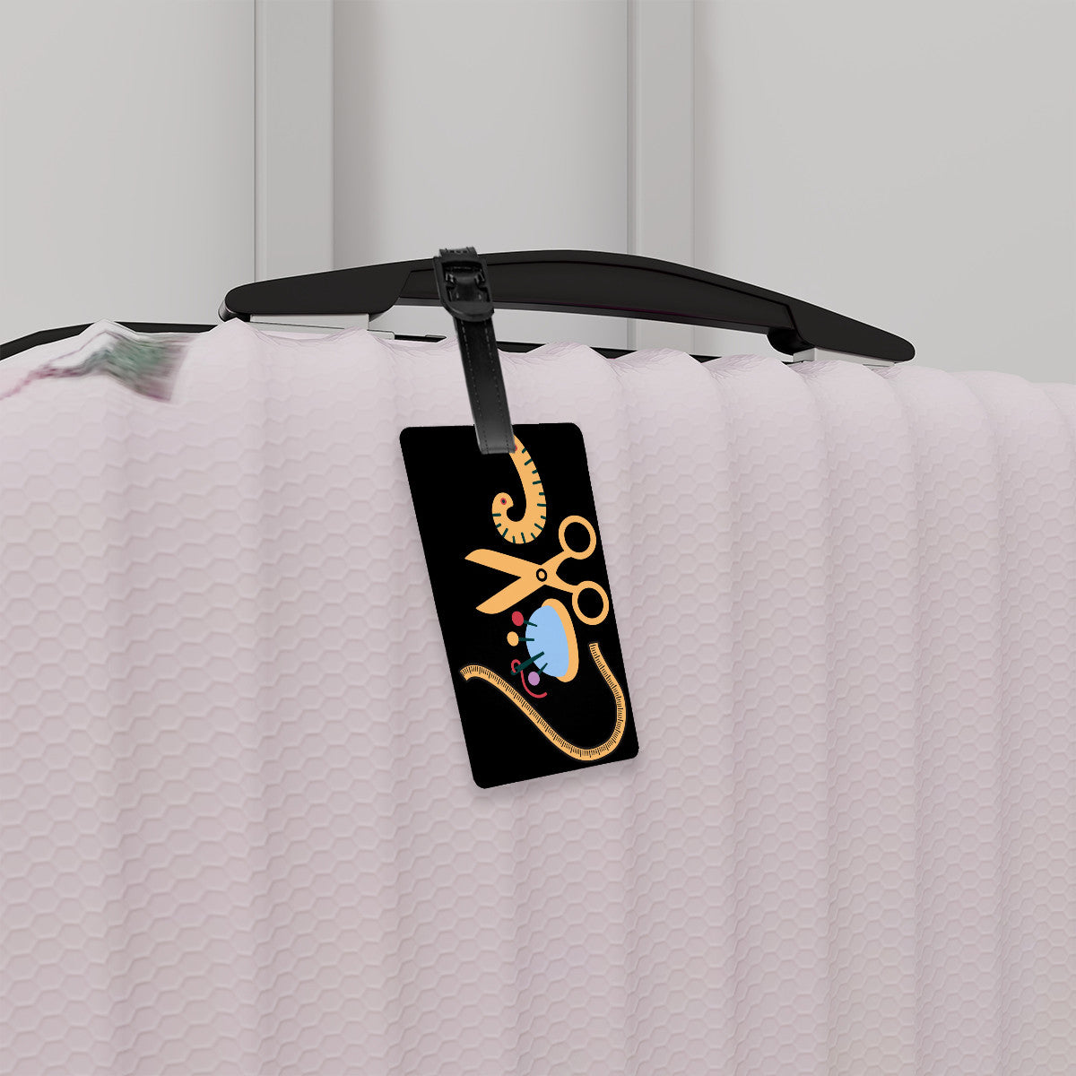 Black Luggage Tag with "Love Sewing" design, the ideal gift for people who love to sew, cat lovers, and travelers.