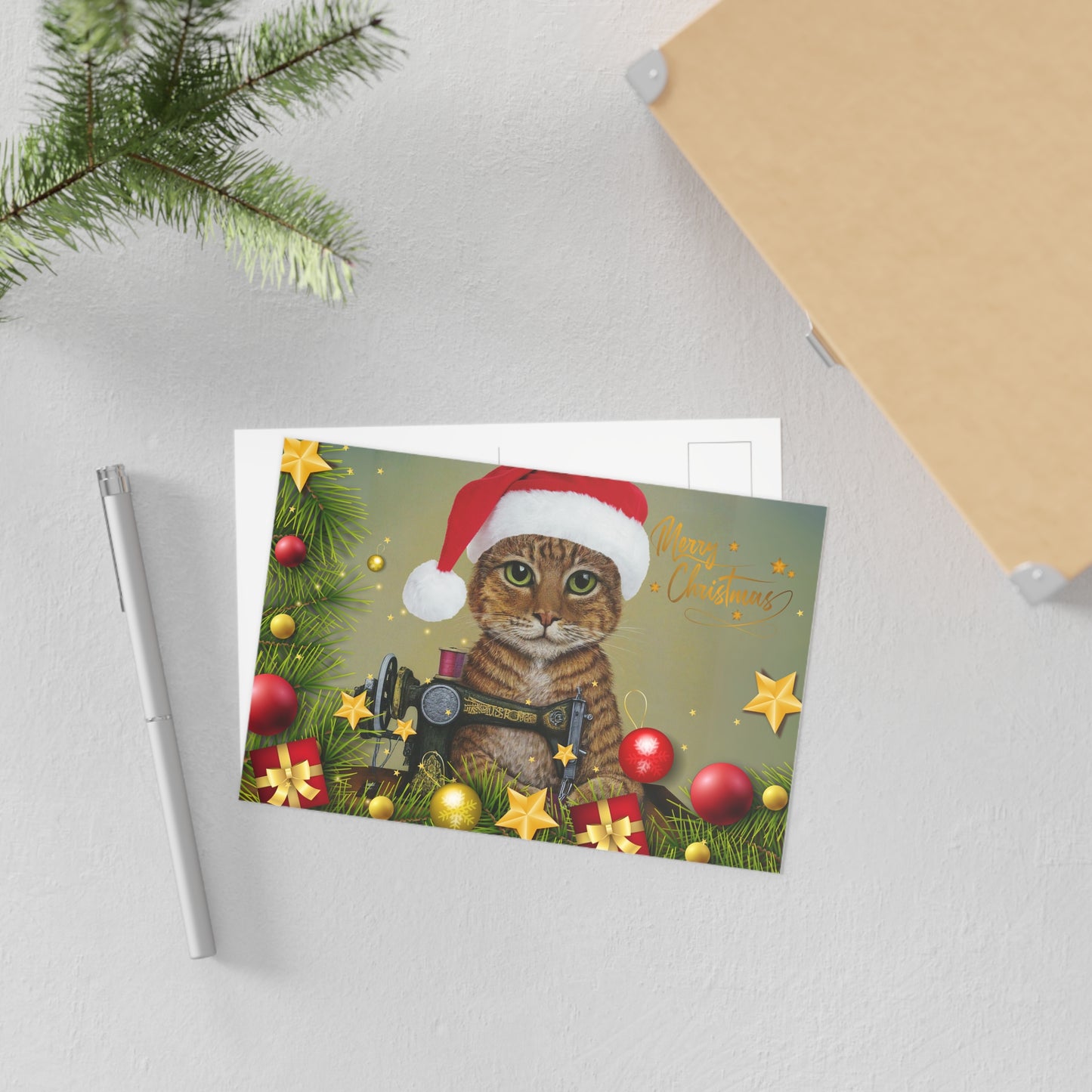 Merry Christmas Ginger Sewing Cat Postcard