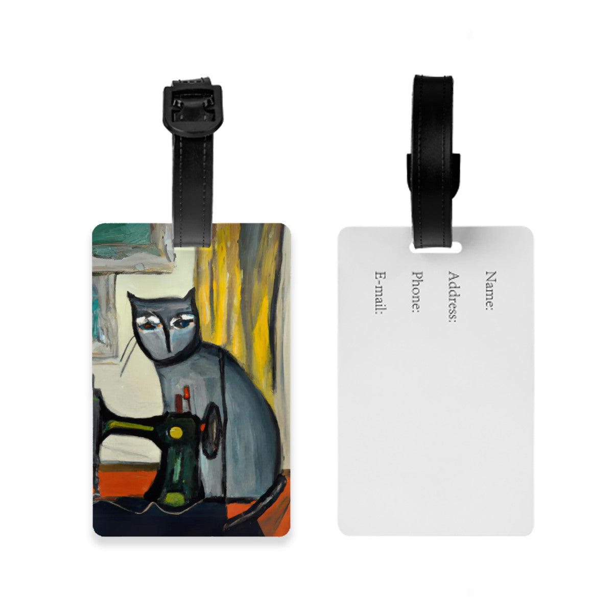 Luggage Tag with "Sewing Cat" design, the ideal gift for people who love to sew, cat lovers, and travelers.