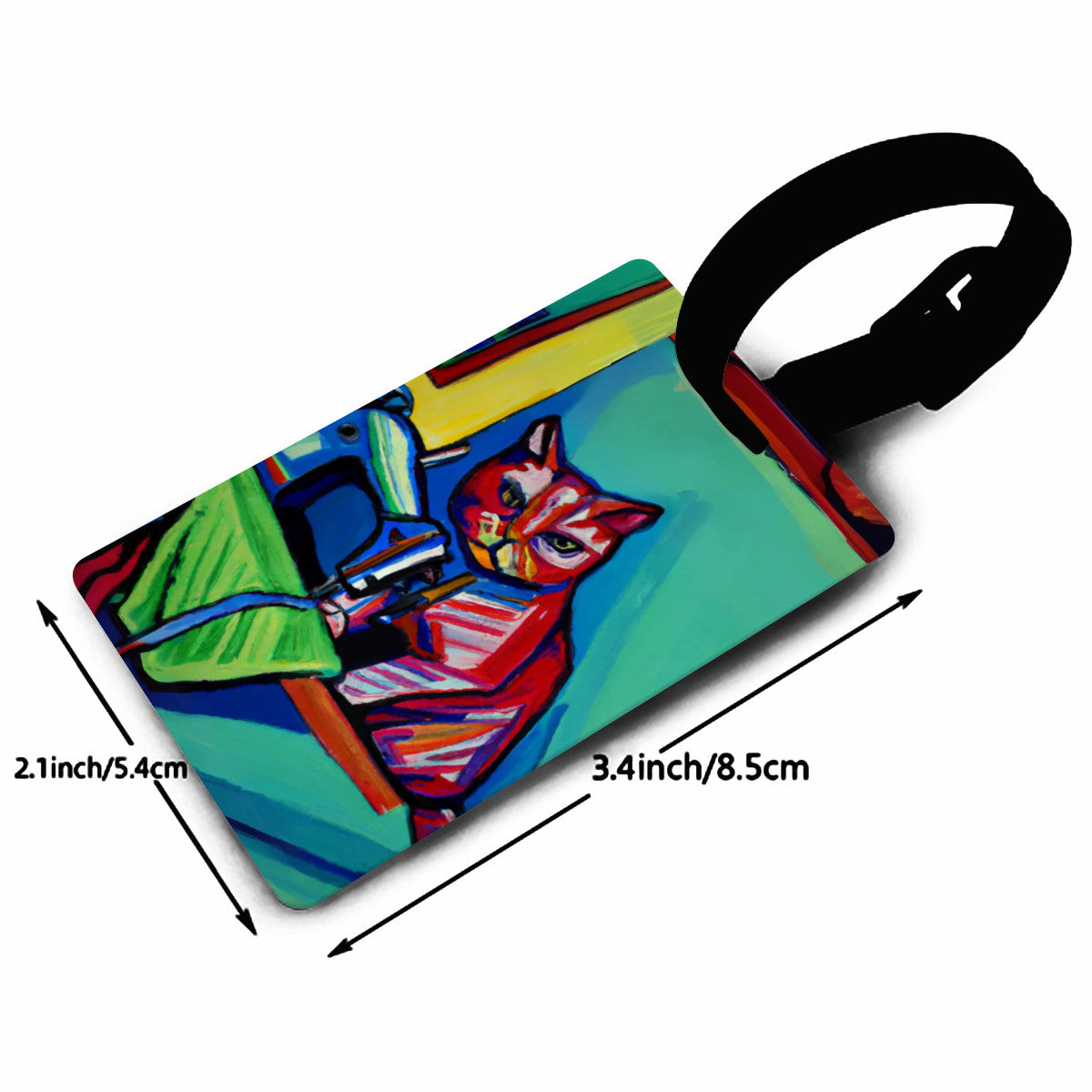 Luggage Tag with "Sewing Cat" design, the ideal gift for people who love to sew, cat lovers, and travelers.