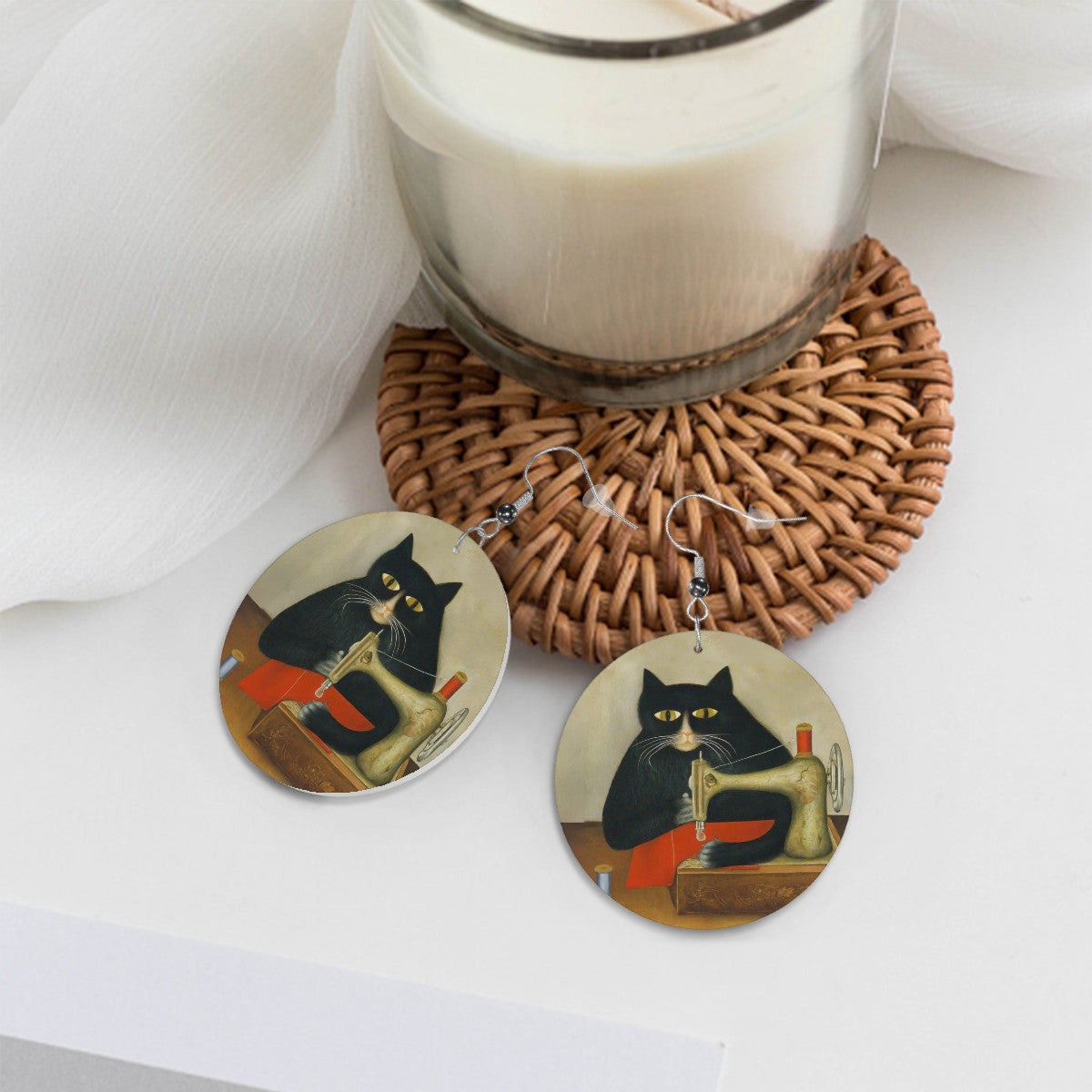 Circle Drop Earrings with "Sewing Cats" design – The Perfect Gift for People who Love to Sew