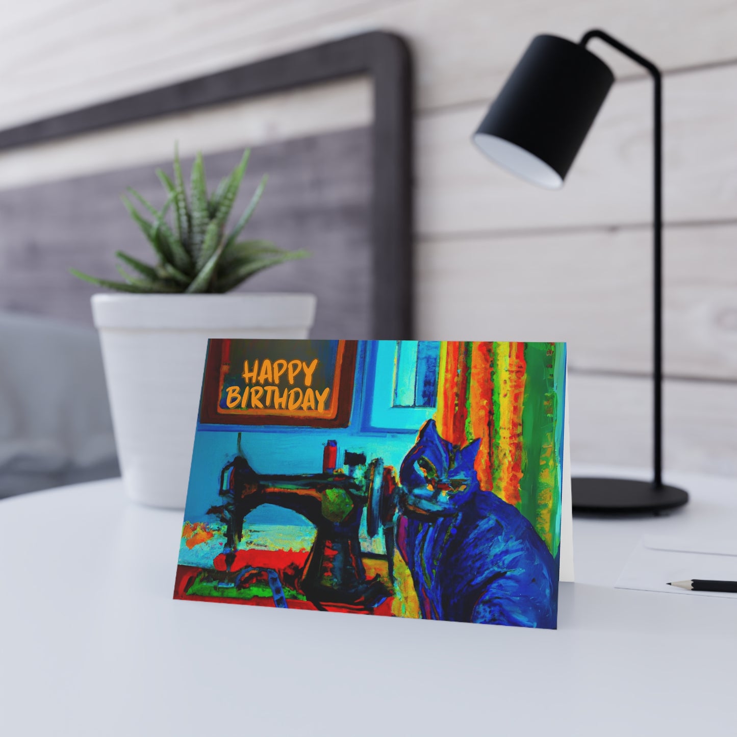 Birthday Card Blue Sewing Cat