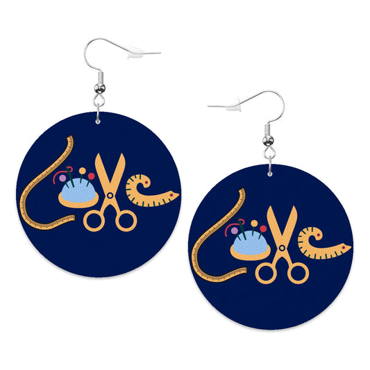 Navy Circle Drop Leather Earrings with " Love Sewing" design, the perfect gifts for people who love to sew