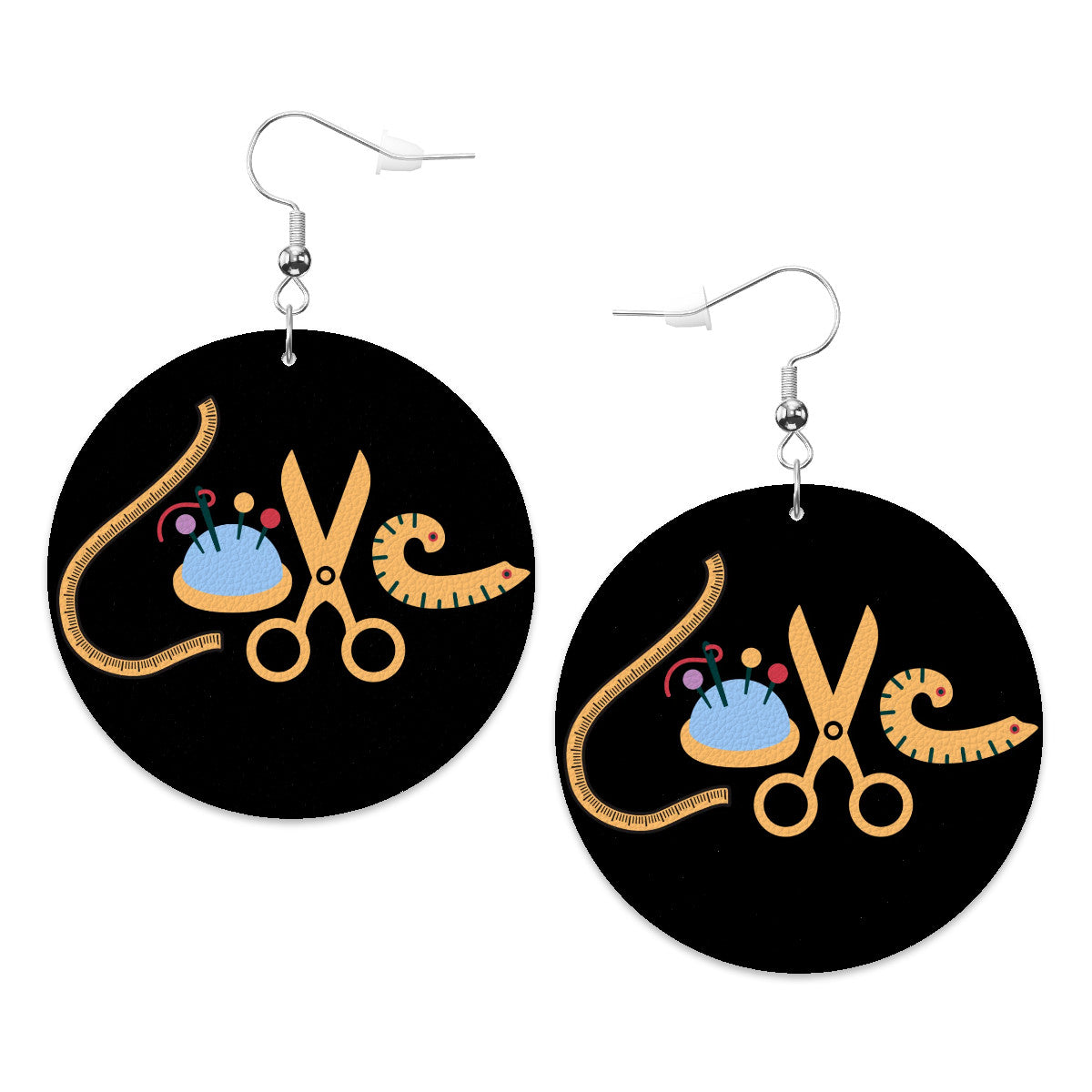 Black  Circle Drop Leather Earrings with " Love Sewing" design, the perfect gifts for people who love to sew