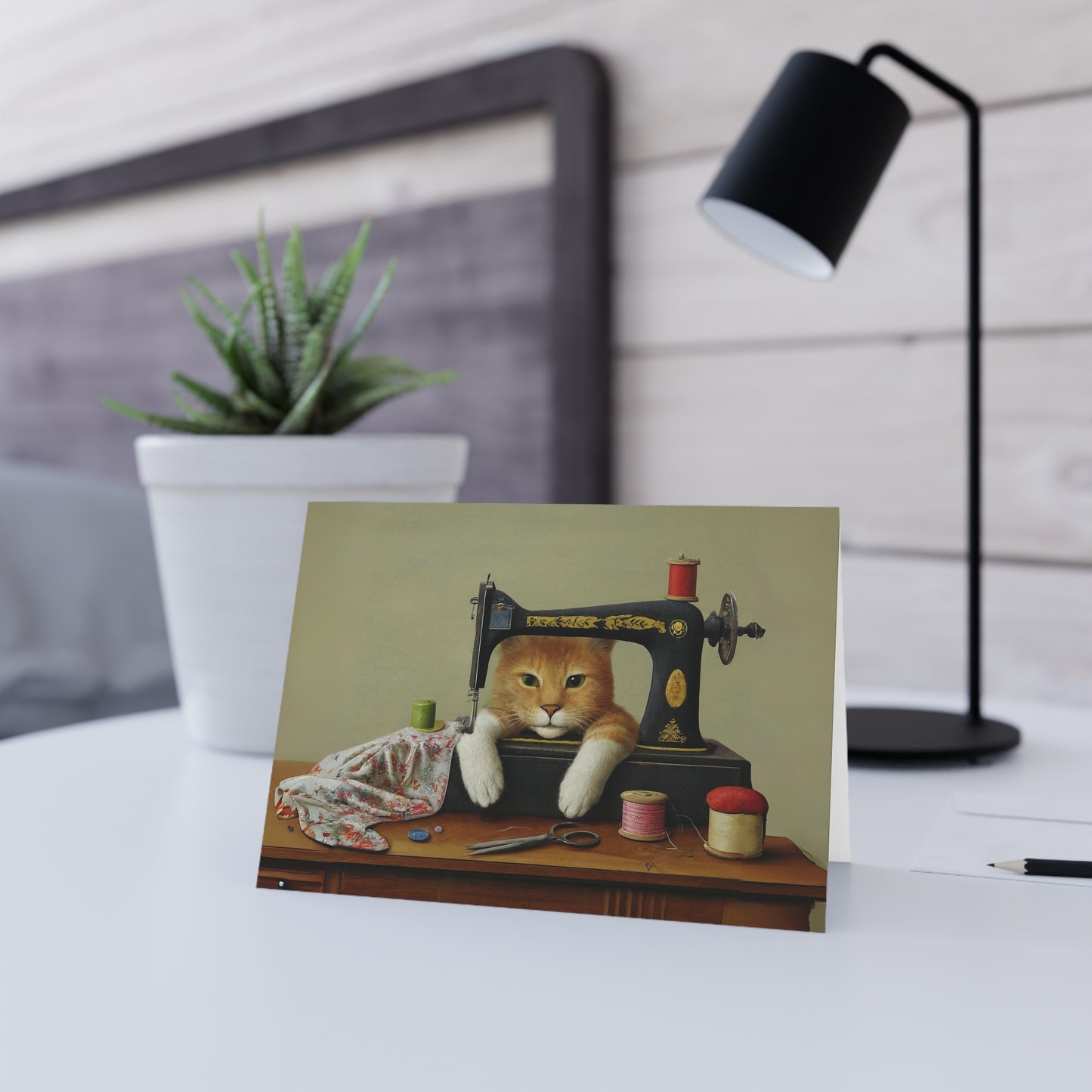 Cute Ginger Sewing Cat Blank Card