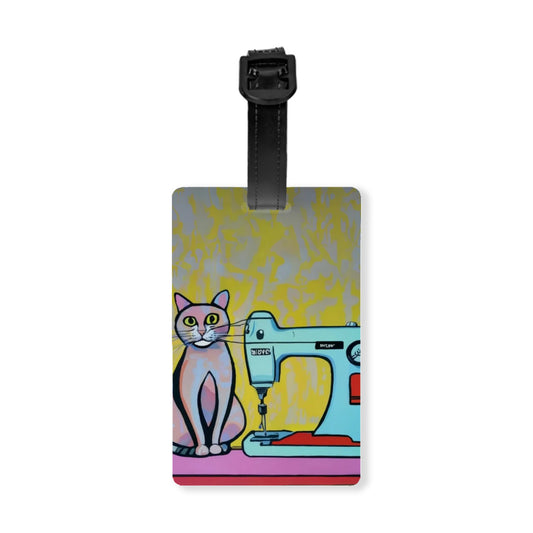 Luggage Tag with "Sewing Cat" design, the ideal gift for people who love to sew, cat lovers, and travelers.