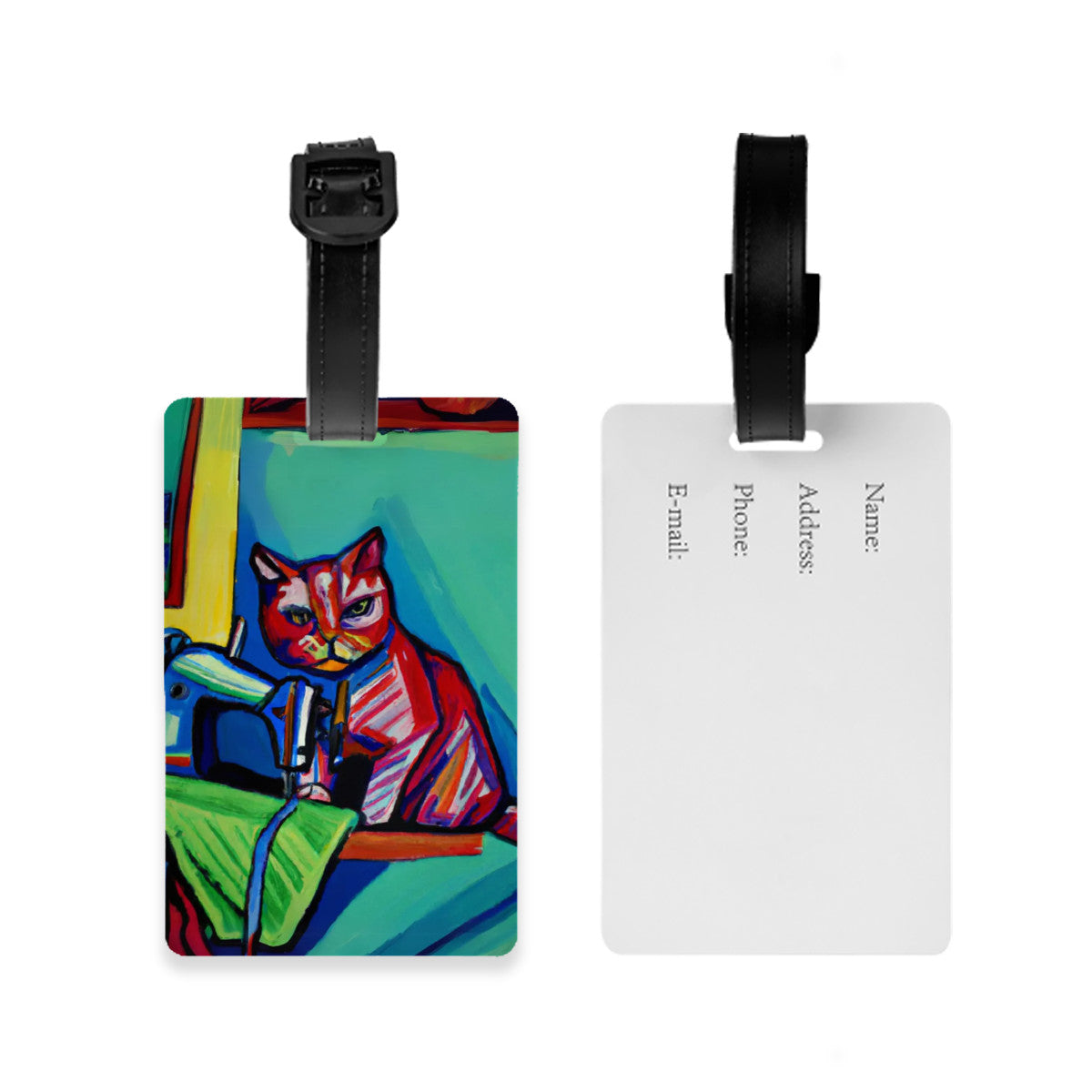 Luggage Tag with "Sewing Cat" design, the ideal gift for people who love to sew, cat lovers, and travelers.