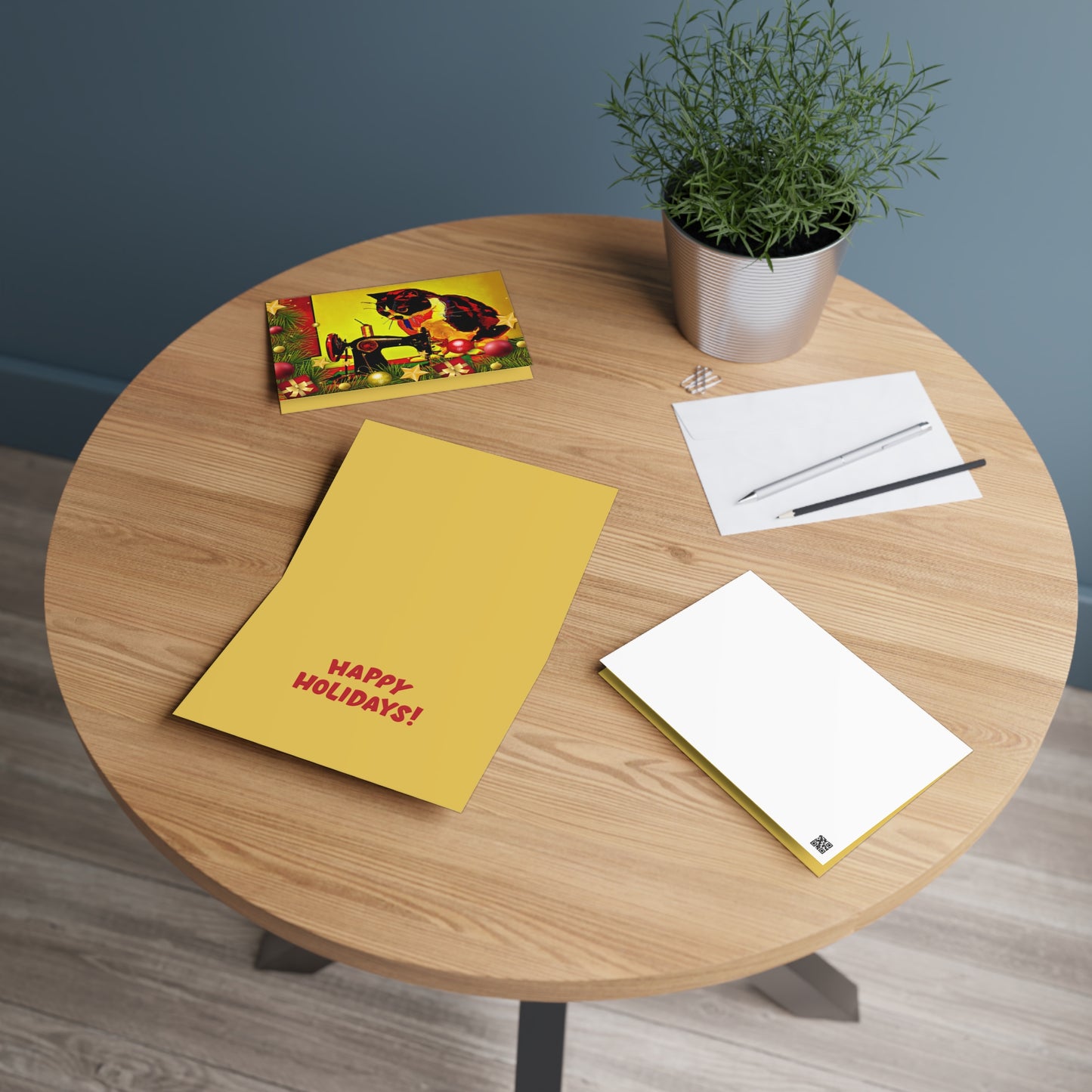 Pop Art Sewing Cat Greeting Cards | Holiday Wishes