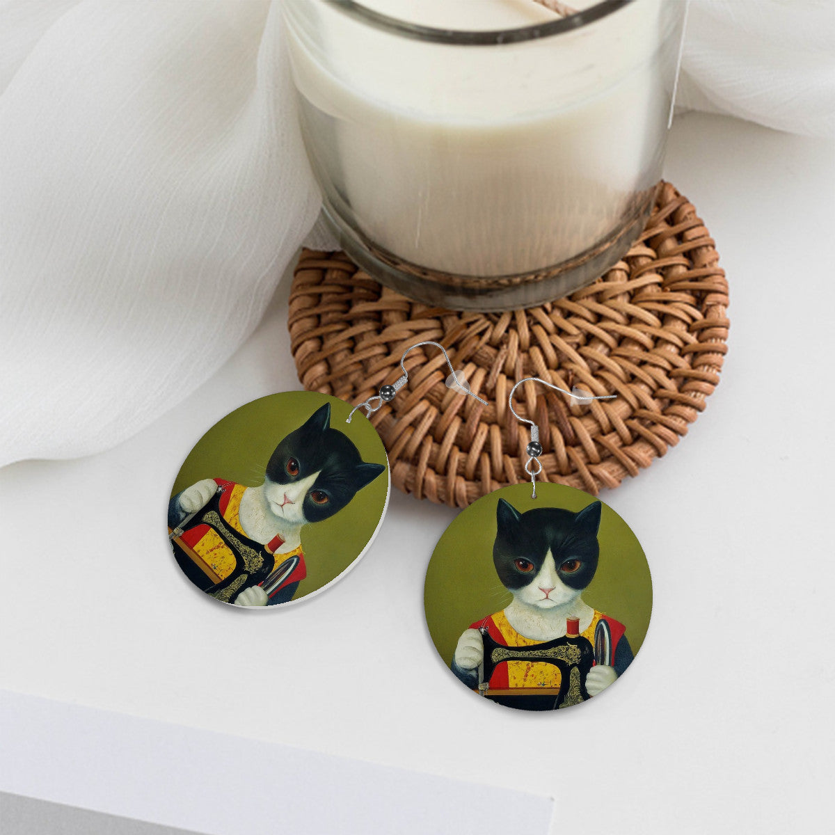 Circle Drop Earrings with "Sewing Cats" design – The Perfect Gift for People who Love to Sew