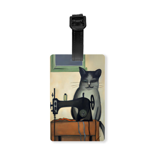 Luggage Tag with "Sewing Cat" design, the ideal gift for people who love to sew, cat lovers, and travelers.