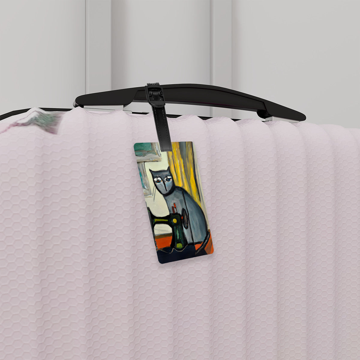 Luggage Tag with "Sewing Cat" design, the ideal gift for people who love to sew, cat lovers, and travelers.