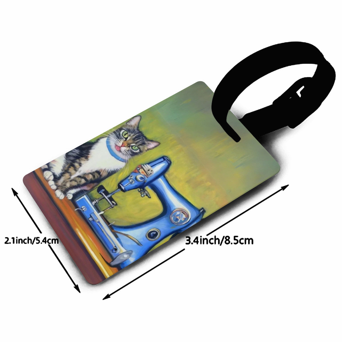 Luggage Tag with "Sewing Cat" design, the ideal gift for people who love to sew, cat lovers, and travelers.