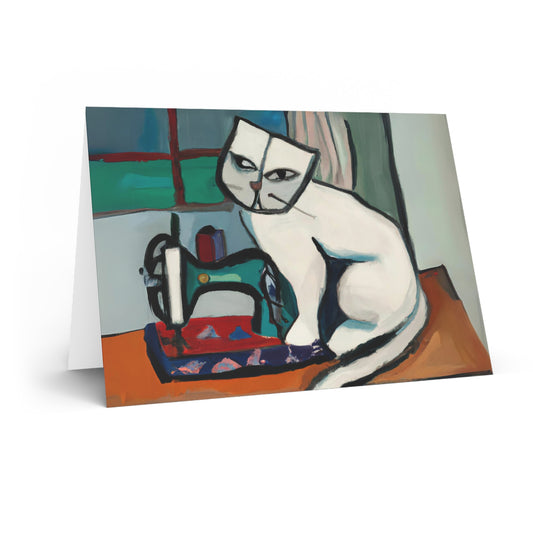 White Sewing Cat Blank Card