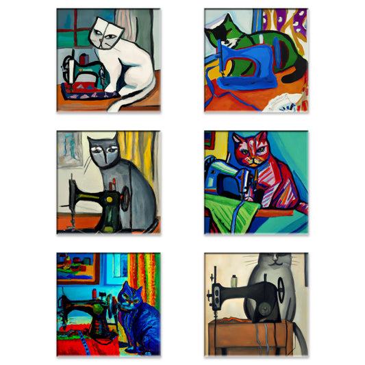  A Set of 6 Square Leather Coasters with "Sewing Cat" Graphic - The Perfect Gift for People who Love to Sew