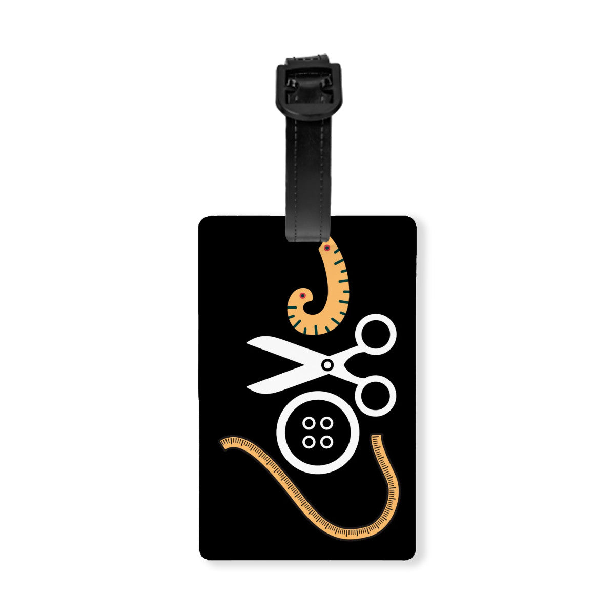 Black Luggage Tag with "Love Sewing" design, the ideal gift for people who love to sew, cat lovers, and travelers.