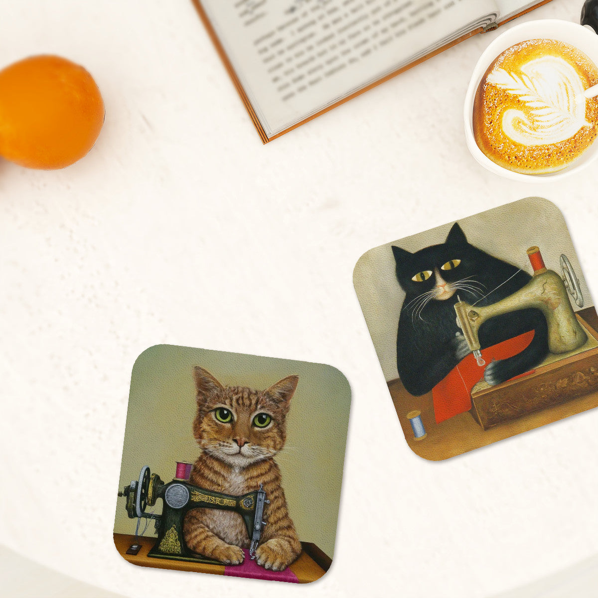  A Set of 6 Leather Coasters with "Sewing Cat" Graphic - The Perfect Gift for People who Love to Sew