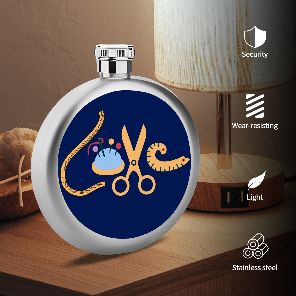 Navy Flask with "Love Sewing" design, the Perfect Gift for People who Love to Sew