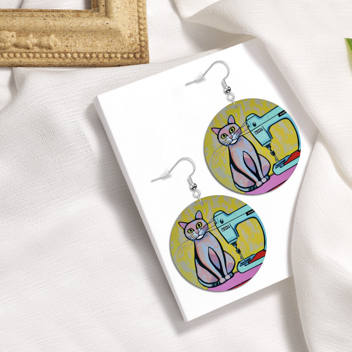 Circle Drop Earrings with "Sewing Cats" design – The Perfect Gift for People who Love to Sew