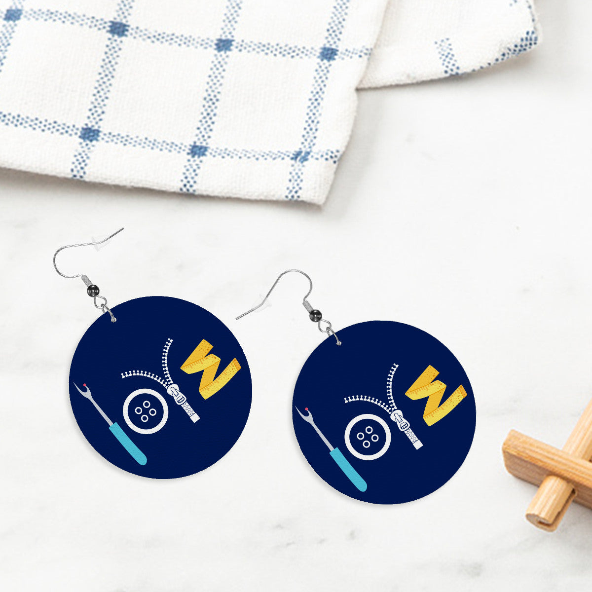 Navy Circle Drop Leather Earrings with " Love Sewing" design, the perfect gifts for people who love to sew