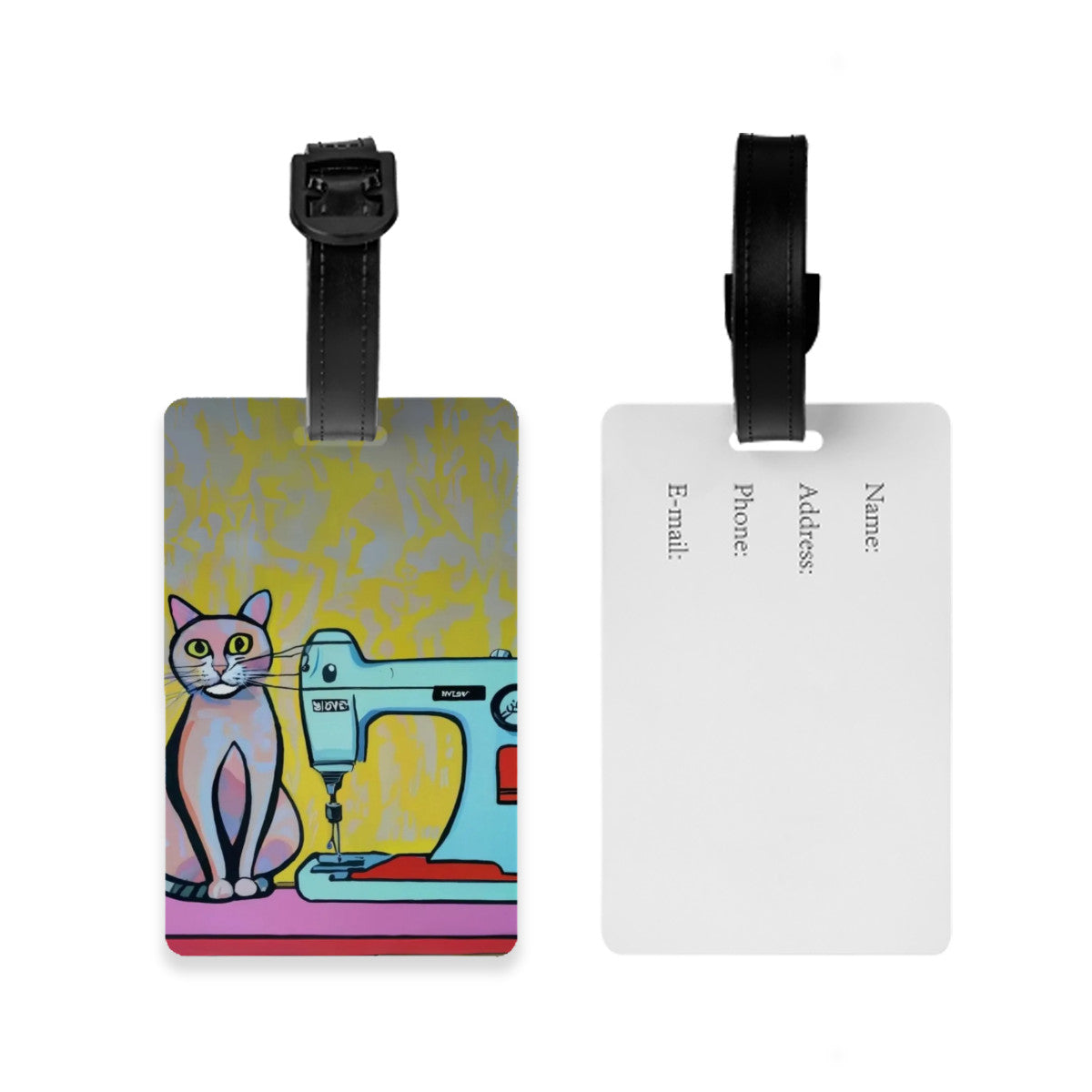 Luggage Tag with "Sewing Cat" design, the ideal gift for people who love to sew, cat lovers, and travelers.