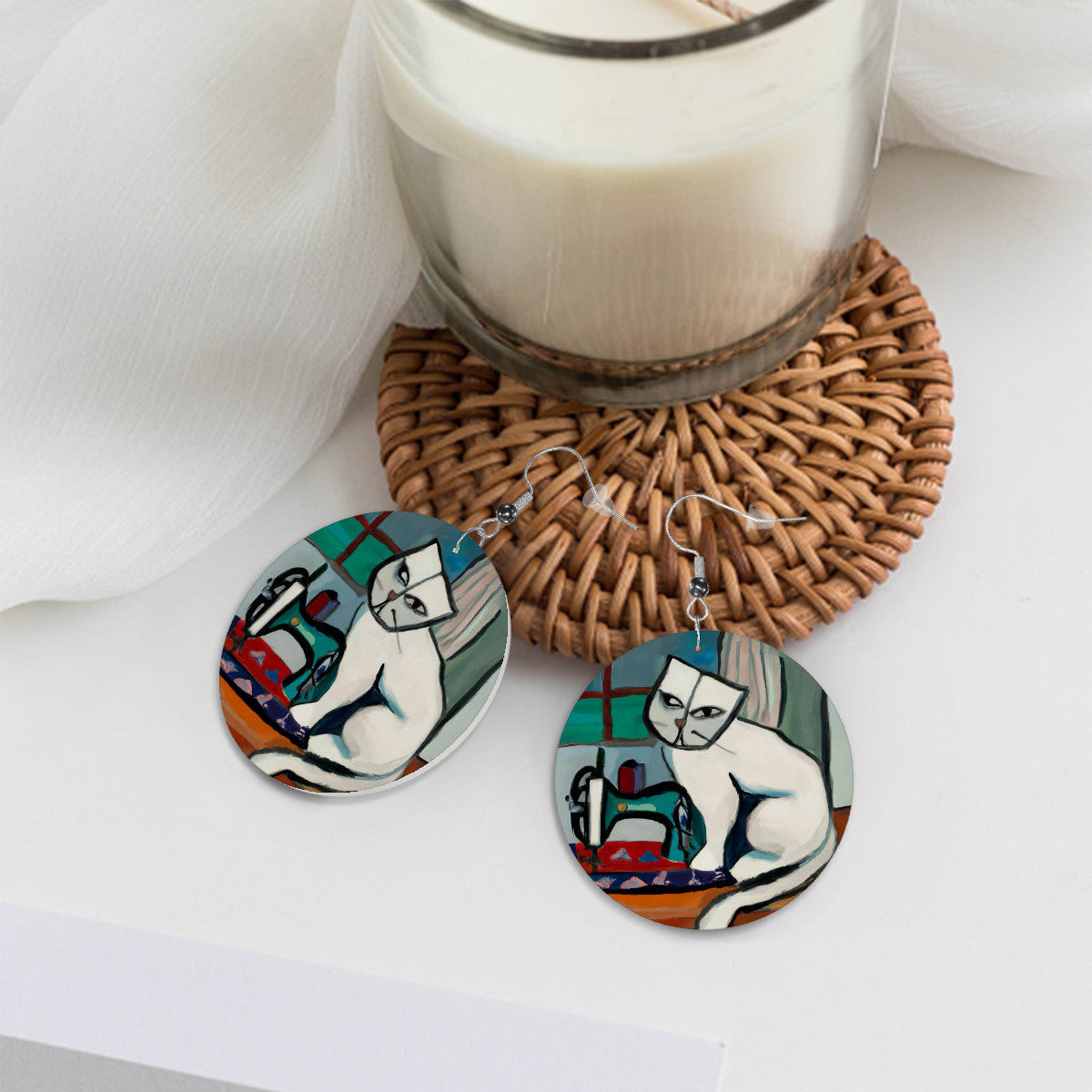 Circle Drop Earrings with "Sewing Cats" design – The Perfect Gift for People who Love to Sew