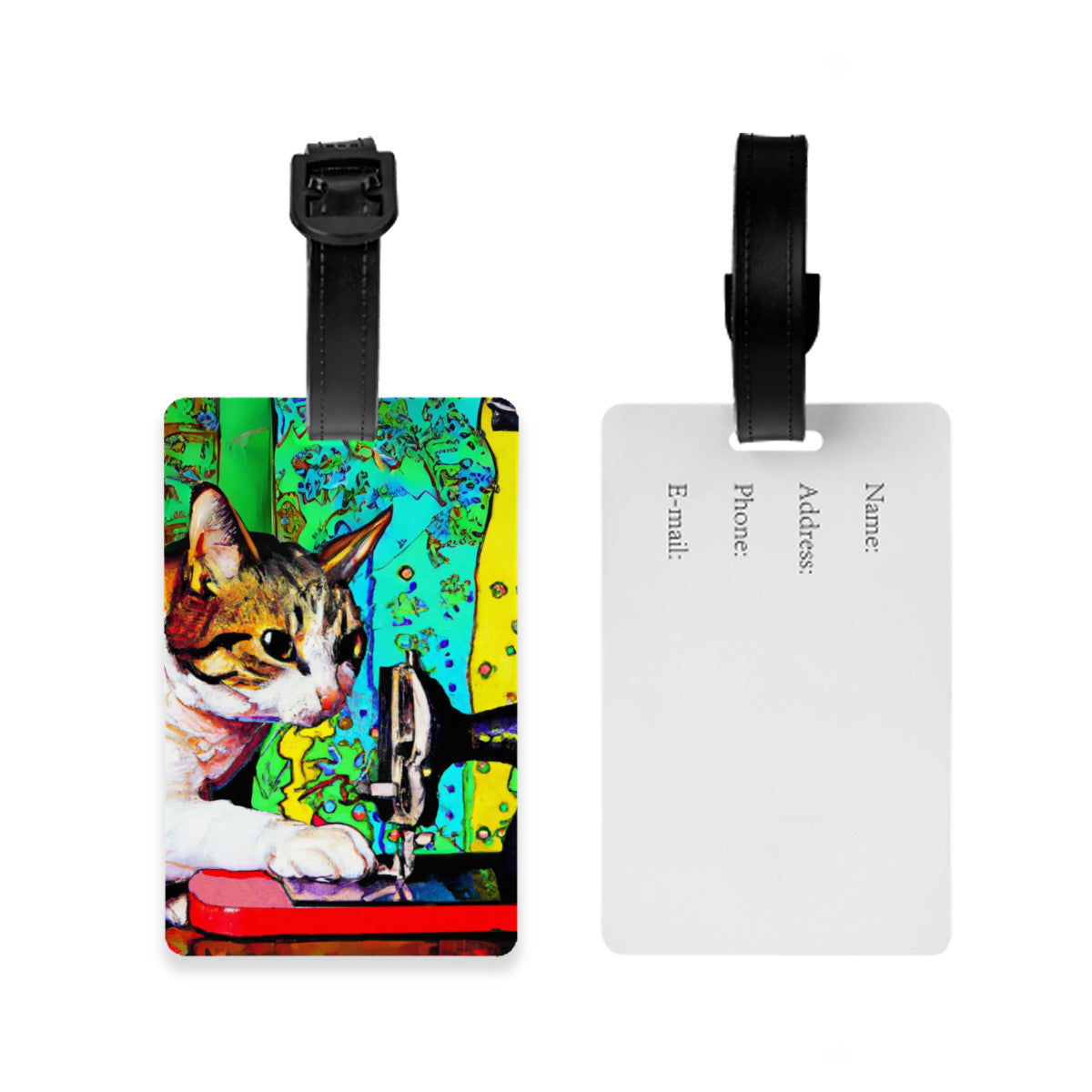 Luggage Tag with "Sewing Cat" design, the ideal gift for people who love to sew, cat lovers, and travelers.