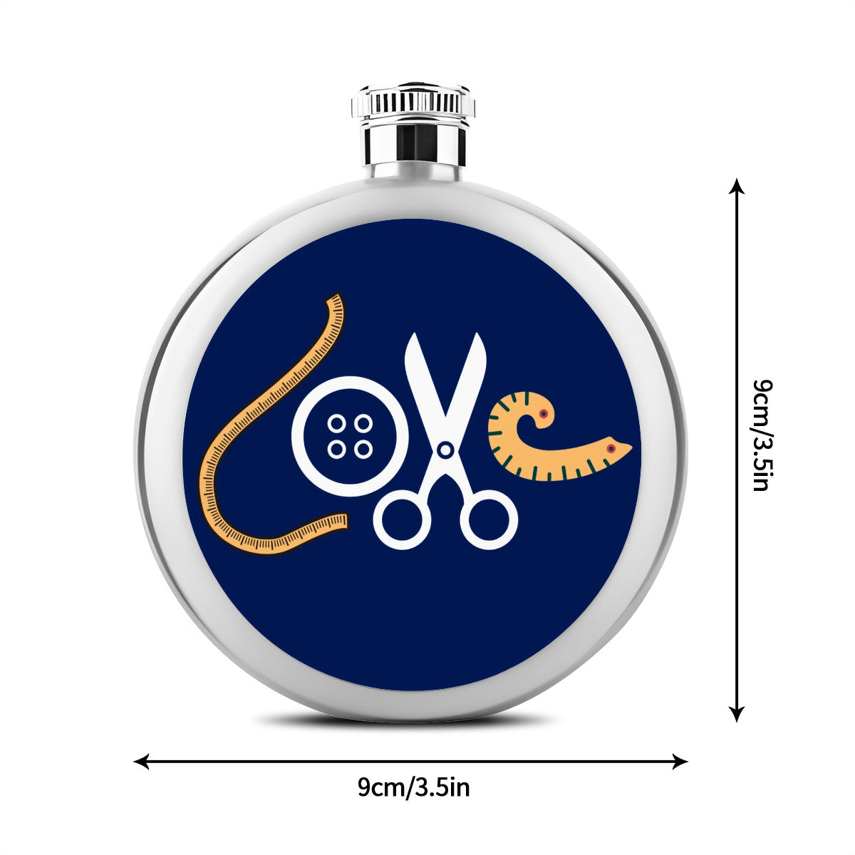 Navy Flask with "Love Sewing" design, the Perfect Gift for People who Love to Sew