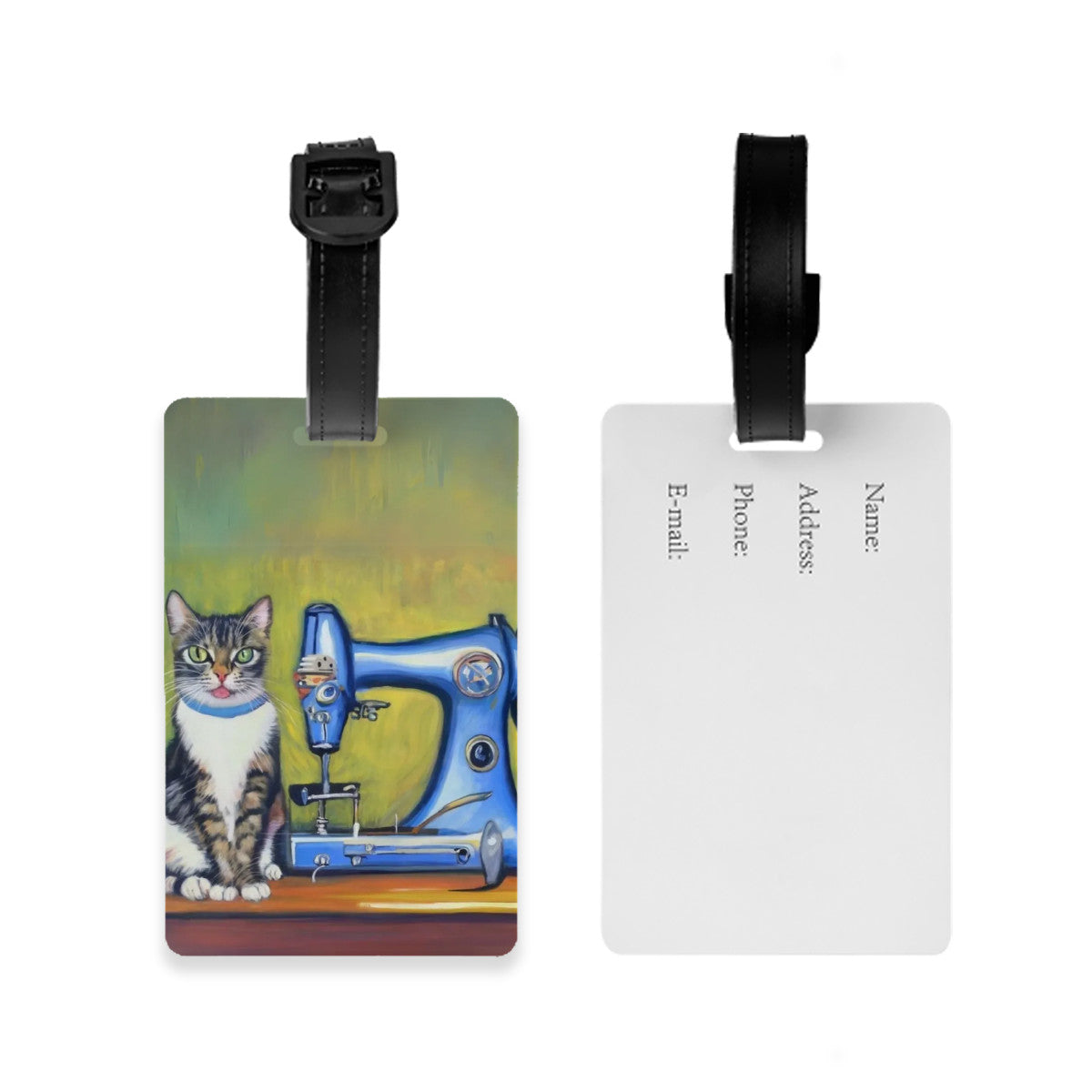 Luggage Tag with "Sewing Cat" design, the ideal gift for people who love to sew, cat lovers, and travelers.