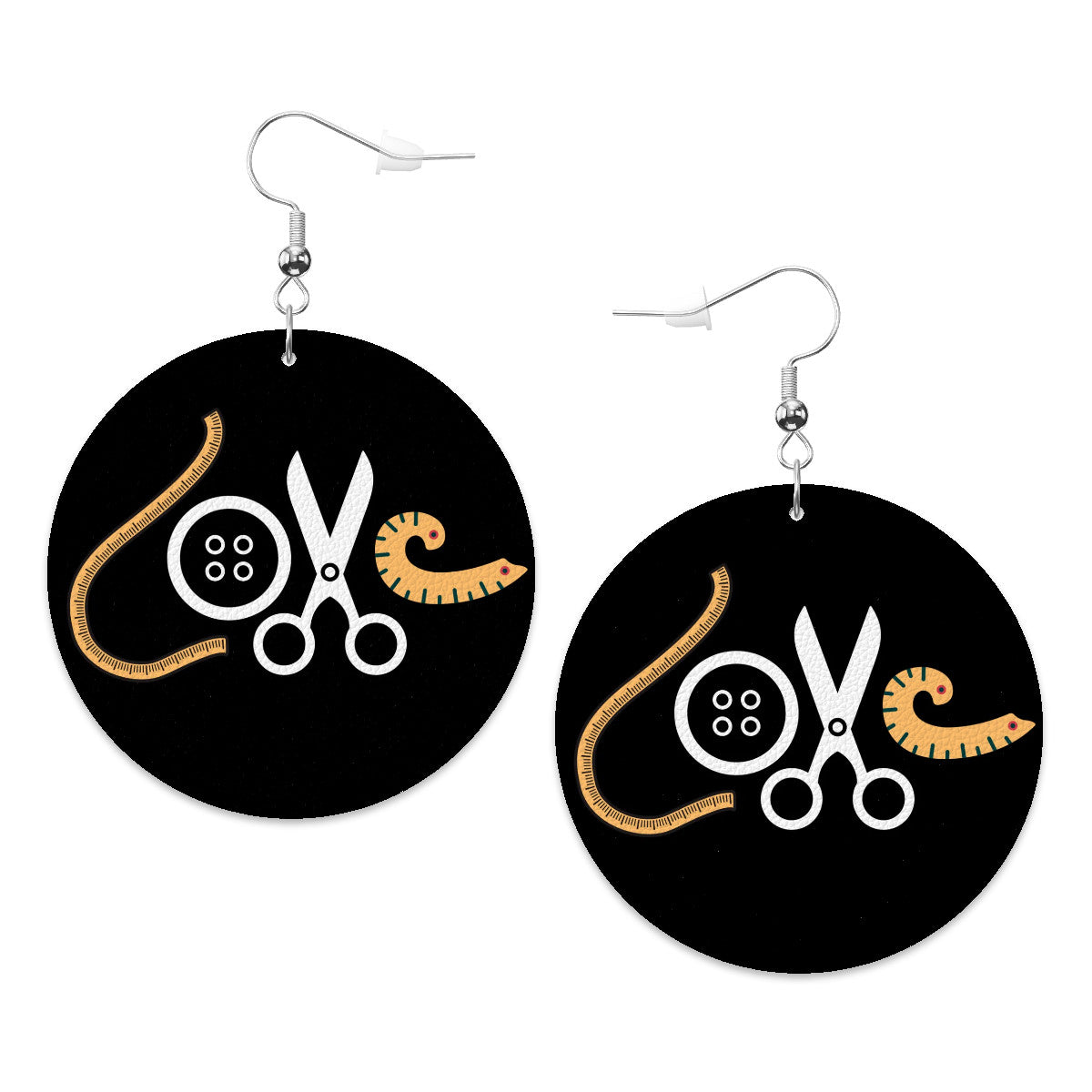 Circle Drop Leather Earrings with " Love Sewing" design, the perfect gifts for people who love to sew