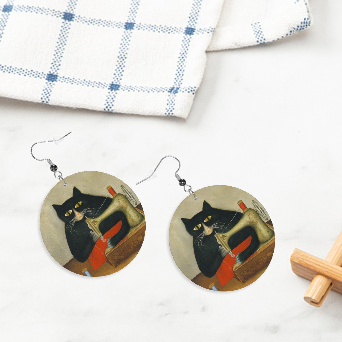 Circle Drop Earrings with "Sewing Cats" design – The Perfect Gift for People who Love to Sew