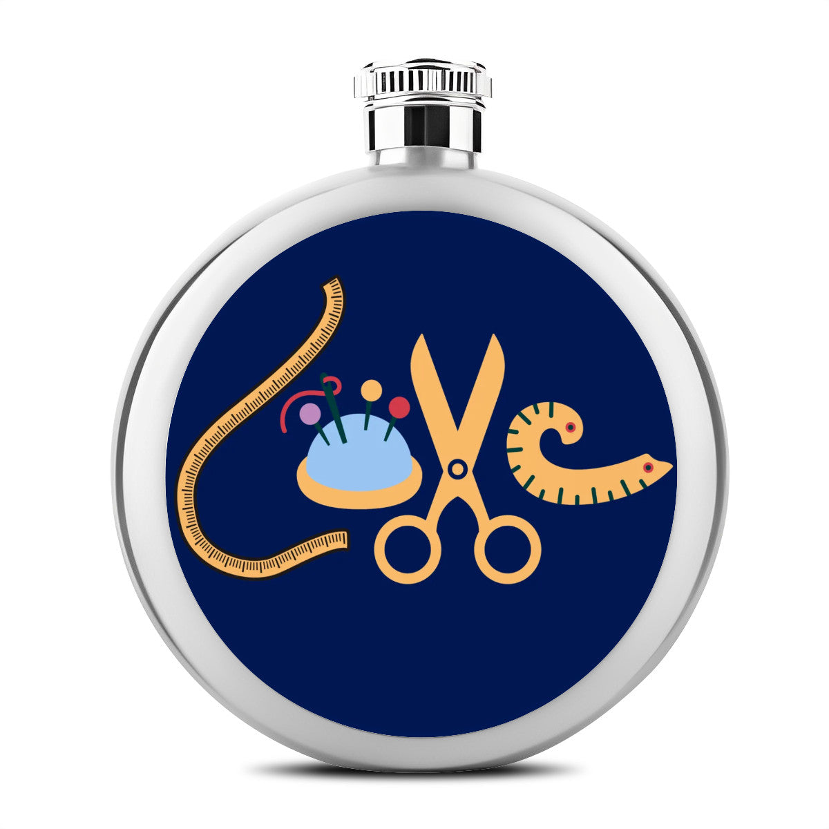 Navy Flask with "Love Sewing" design, the Perfect Gift for People who Love to Sew