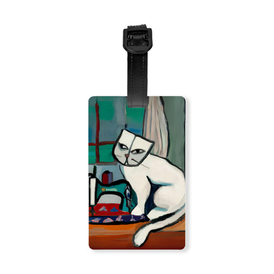 Luggage Tag with "Sewing Cat" design, the ideal gift for people who love to sew, cat lovers, and travelers.